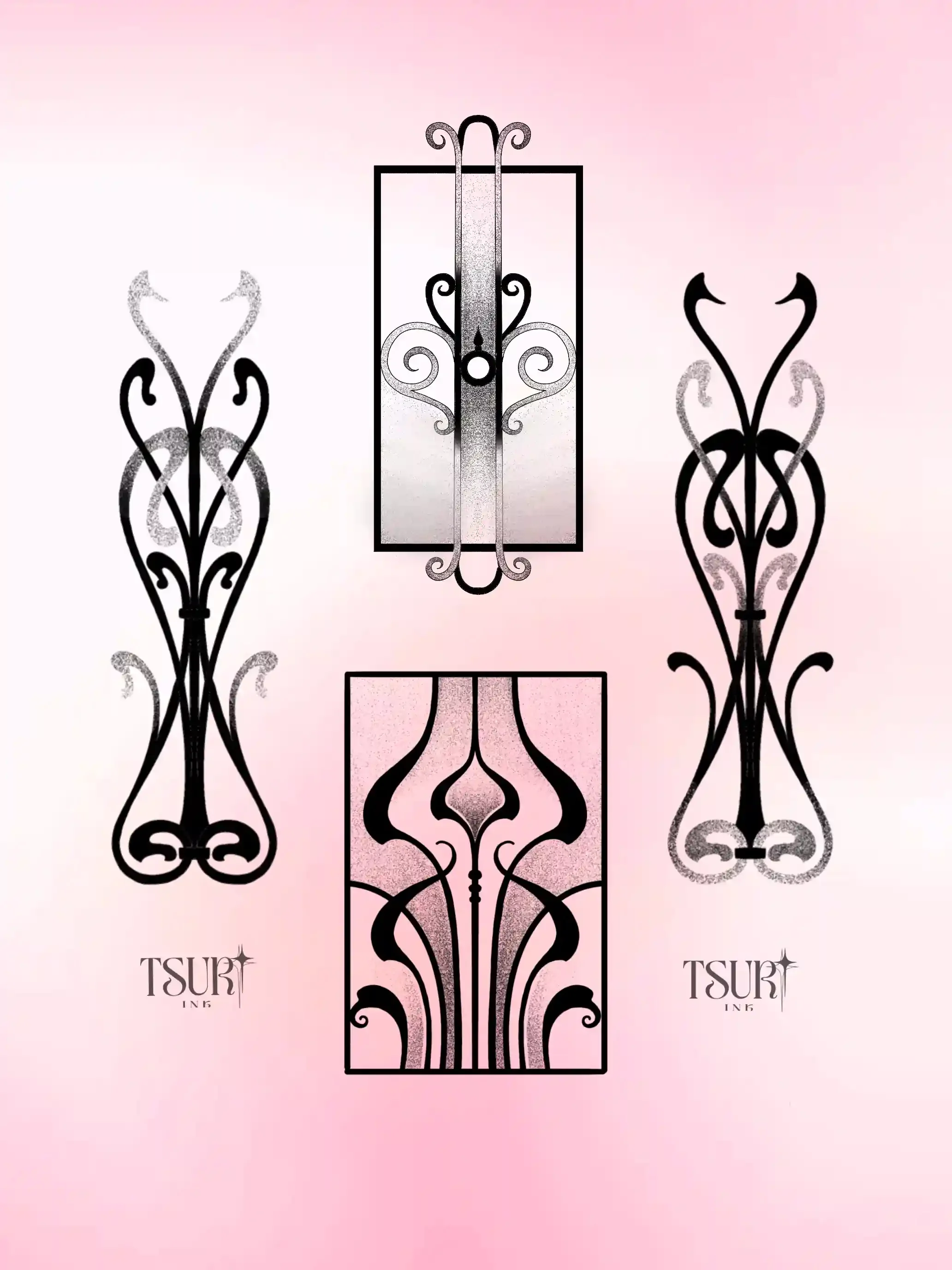 Designs de grilles en métal noir avec motifs ornementaux, deux en forme de boucle symétrique et deux rectangles avec des motifs floraux stylisés, sur un fond dégradé de rose et blanc, avec le logo 'TSUR' en bas à gauche et à droite.