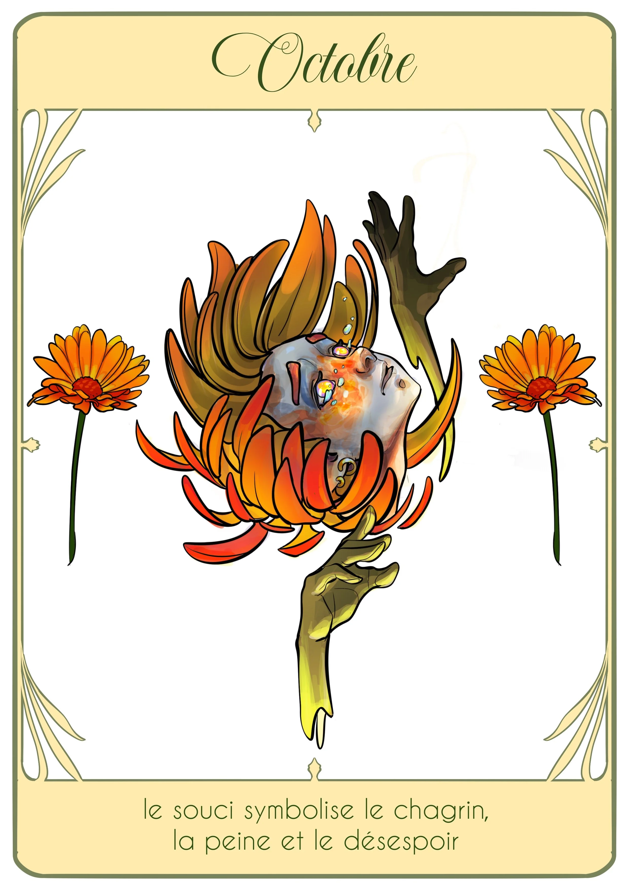 Carte illustrée pour octobre avec une fleur de chrysanthème accueillant une tête humaine enterrée dans ses pétales, expression de tristesse, de peine et de désespoir.