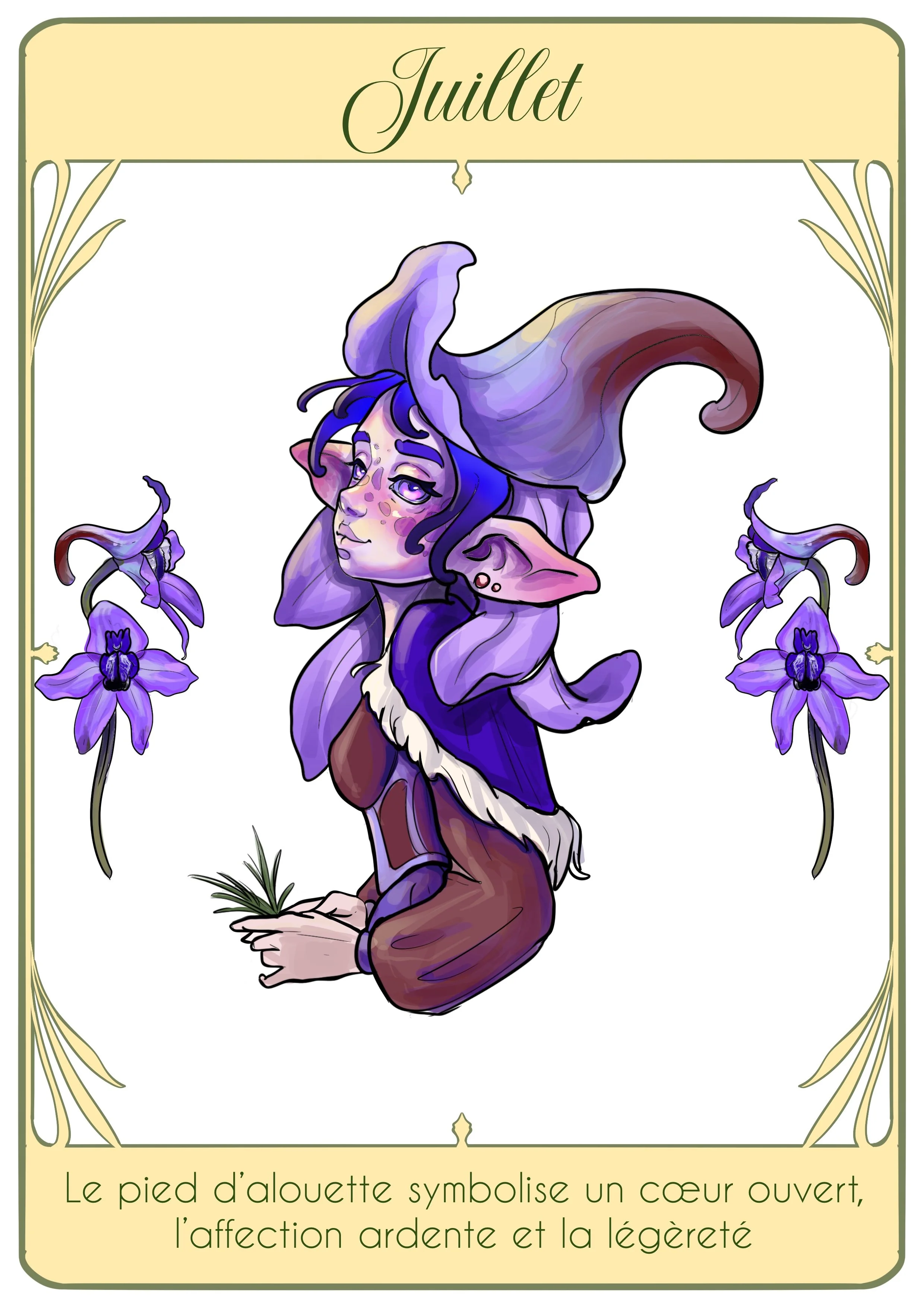 Illustration d'une créature fantastique avec des cornes et de longues oreilles, entourée de fleurs violettes, représentant le mois de juillet, avec une légende en français sur la symbolique de l'alouette.