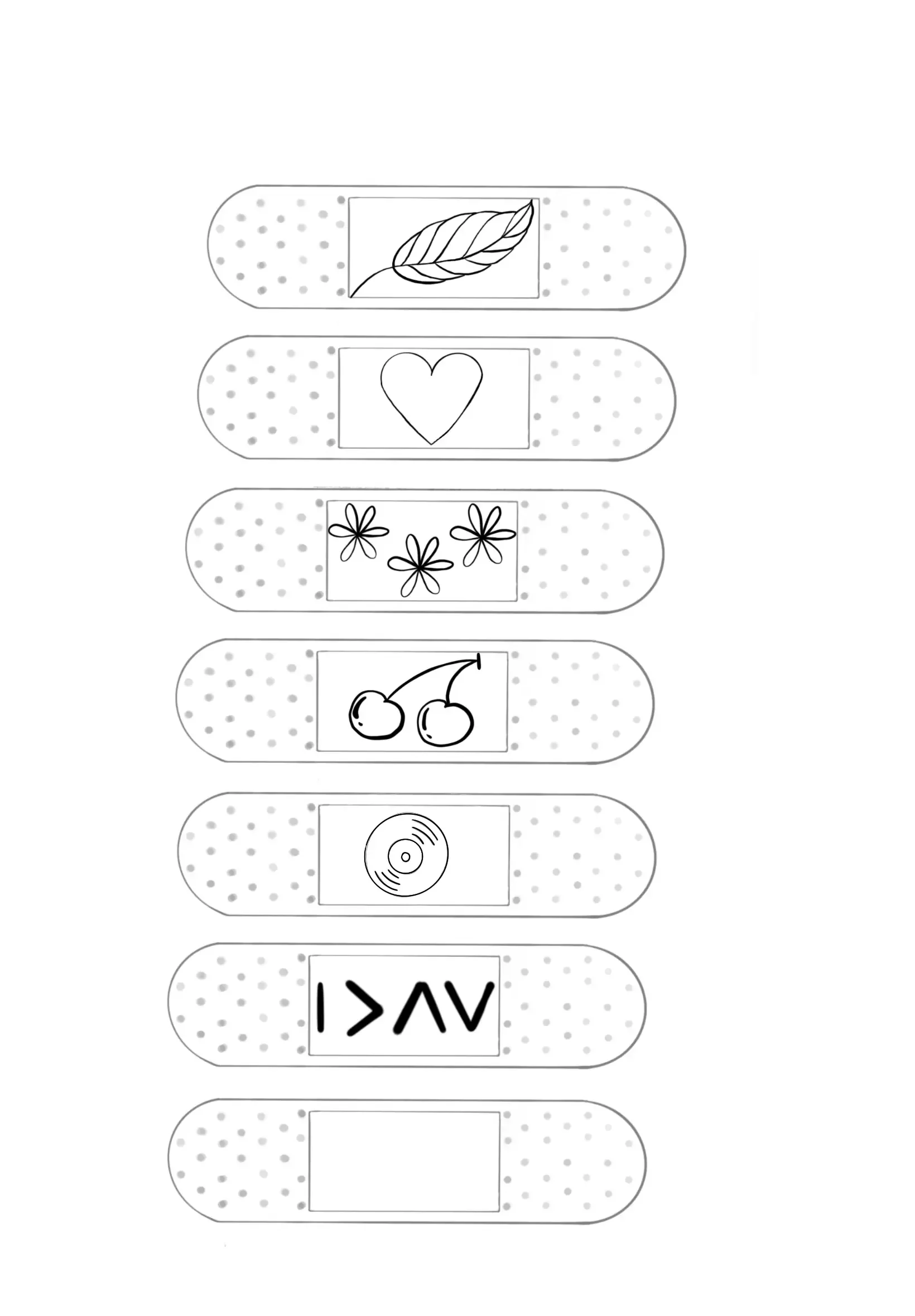 Dessin de plusieurs pansements avec différentes images : une feuille, un cœur, des fleurs, des cerises, un disque vinyle, des symboles géométriques et un espace vide.