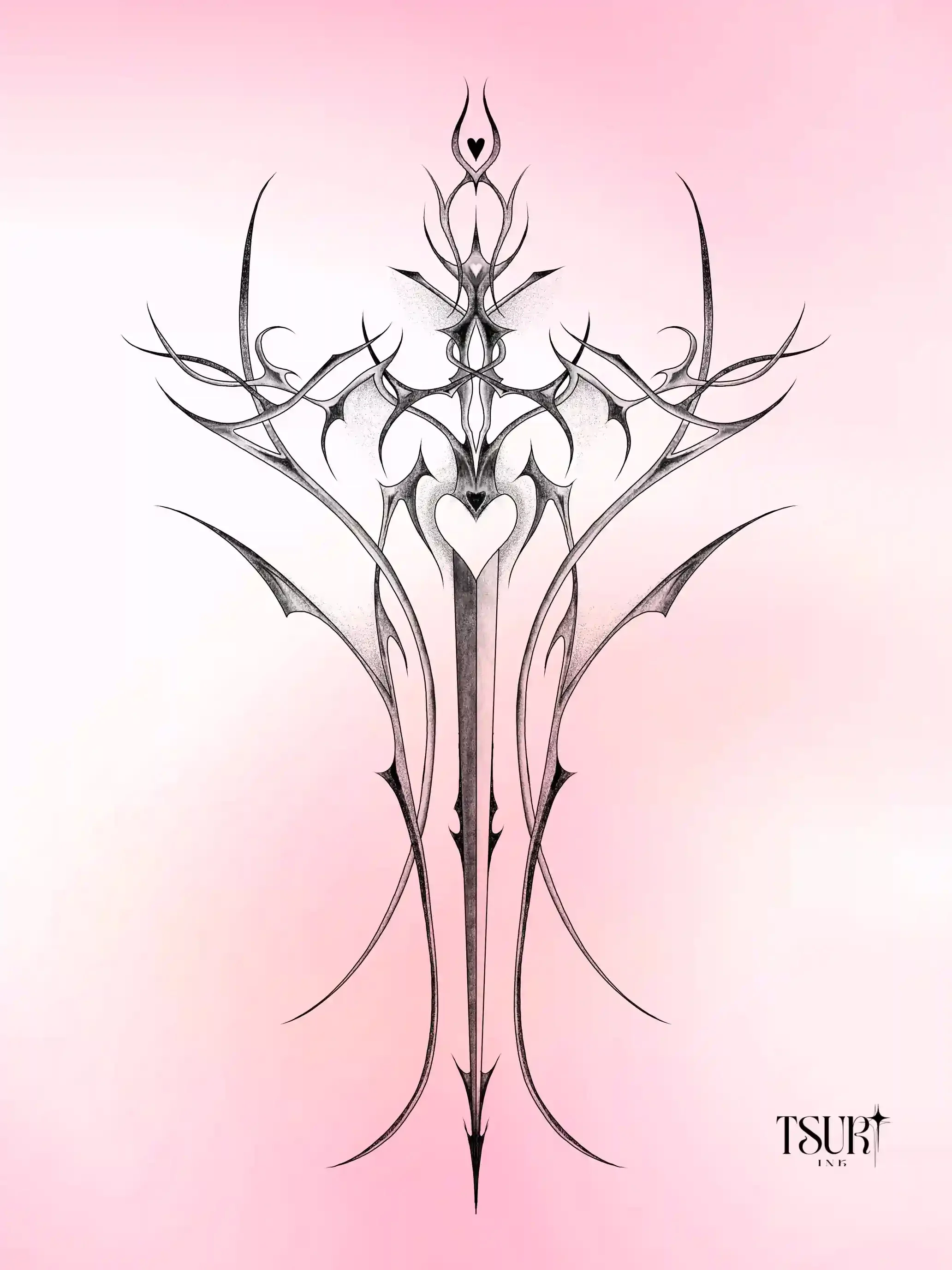 Une illustration graphique complexe en noir et blanc avec des éléments de style tatouage, comprenant des formes symétriques et des motifs pointus, avec un fond dégradé de rose clair à blanc, et le texte 'TSUR' en bas à droite.