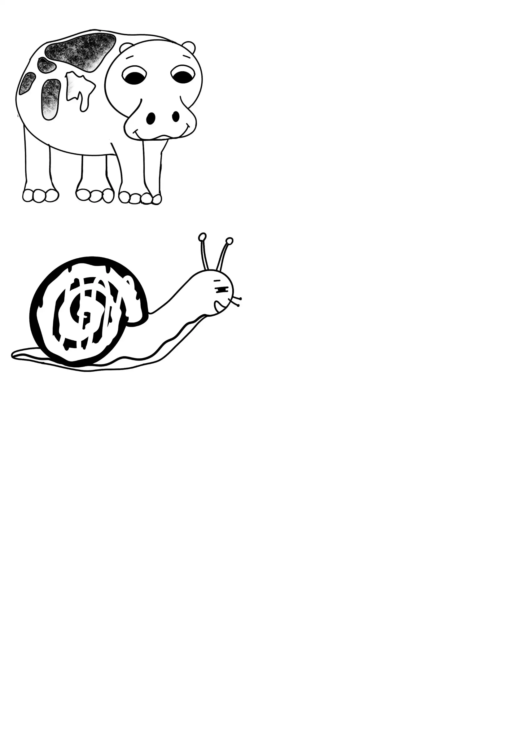 Dessin en noir et blanc d'une petite tortue et d'un escargot, tous deux de style simple et illustratif.