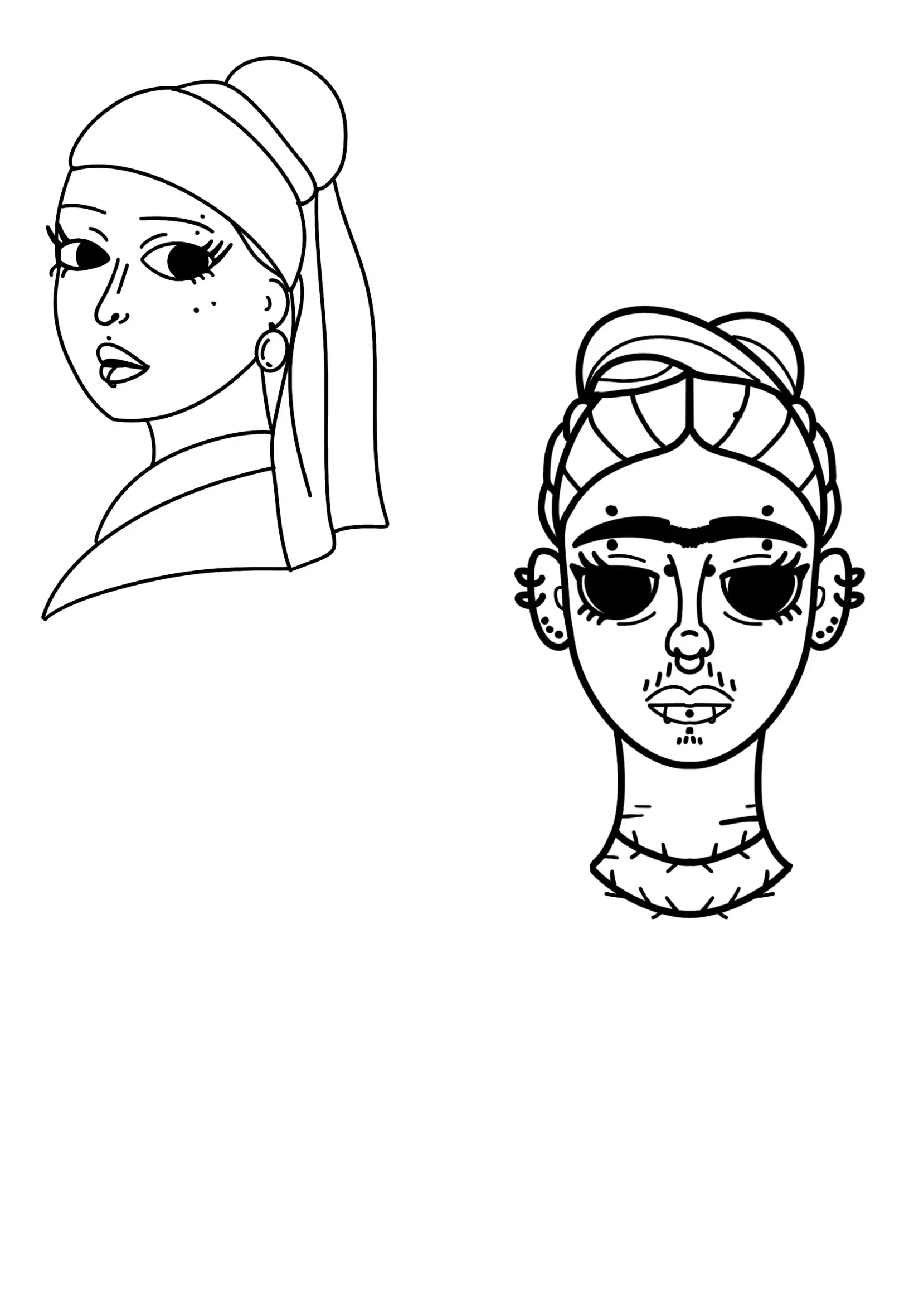Deux dessins en noir et blanc de visages féminins, style caricature, style noir et blanc, l'une porte un turban avec un manteau et l'autre a des cheveux tressés, de nombreux piercings et tatouages.