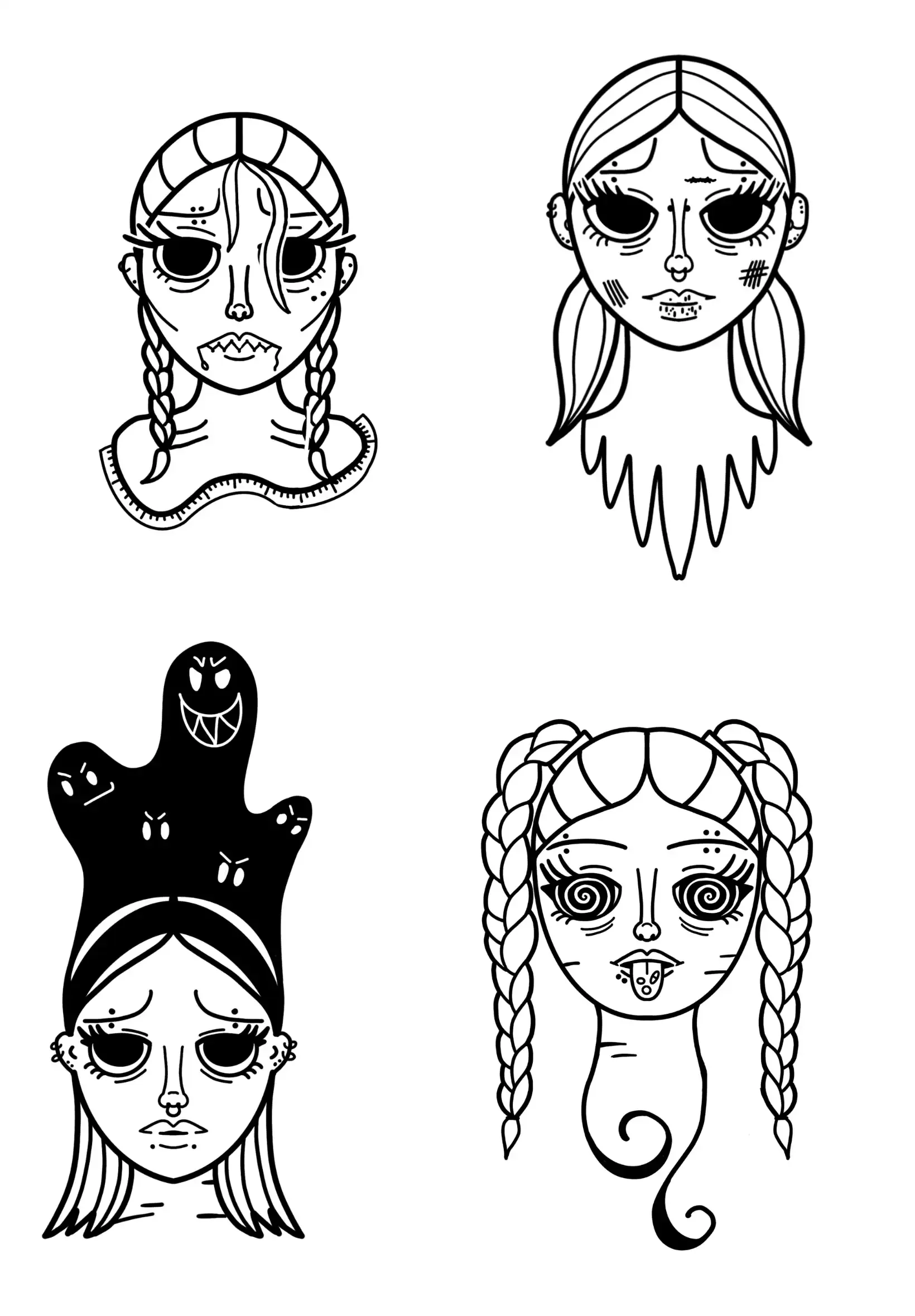 Quatre dessins de visages de style effrayant ou effrayant, avec cheveux longs ou en tresses, certains avec des visages effrayants ou avec des yeux spirales.
