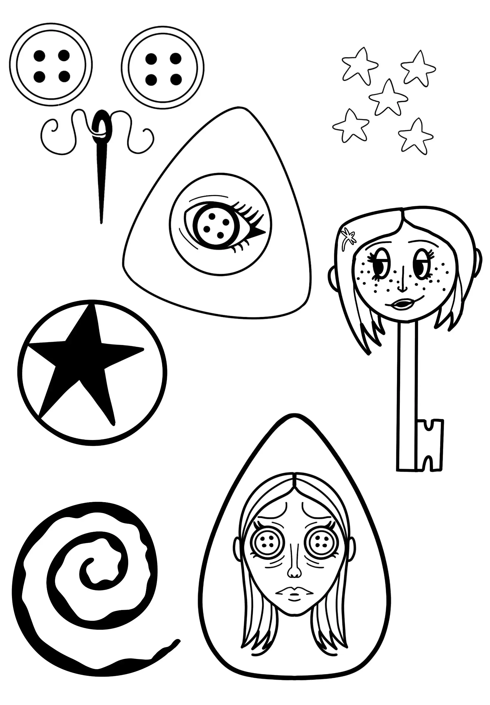 Différents dessins en noir et blanc comprenant deux boutons, une étoile, une fille avec des cheveux courts et un visage expressif, un visage avec un œil représenté comme un bouton, un autre visage avec des yeux en spirale, des étoiles, une boule étoi