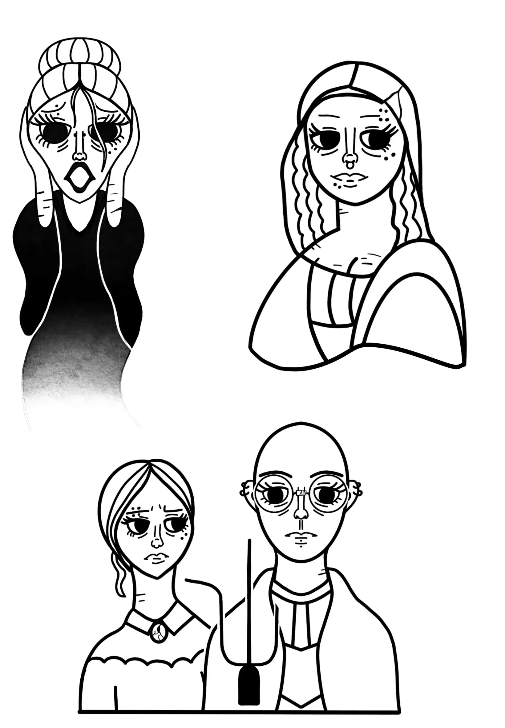 Dessins en noir et blanc de quatre personnages féminins avec différents styles et expressions.