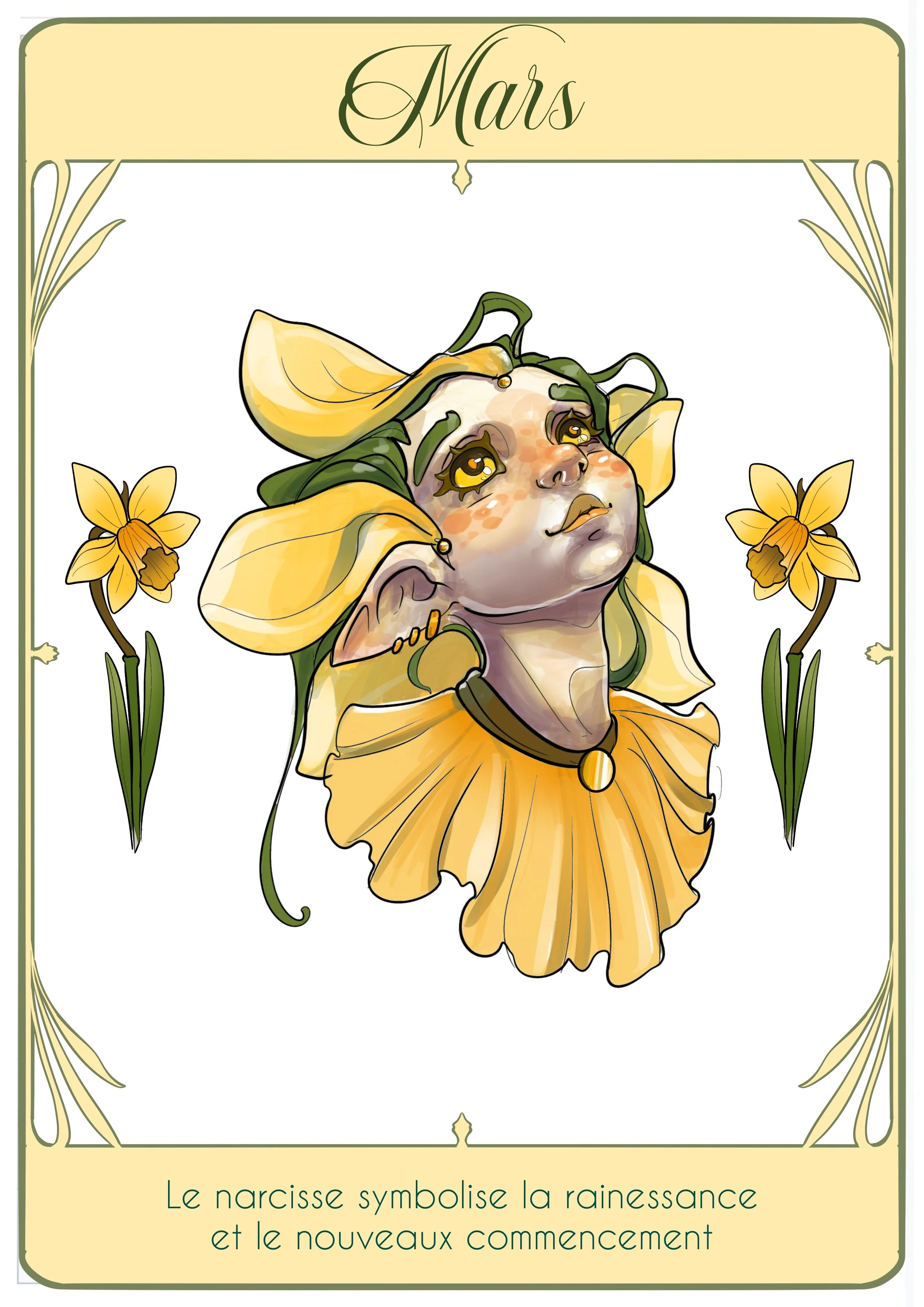 Une illustration artistique d'une jeune fille avec un visage expressif, entourée de fleurs de narcisse, représentant le mois de Mars dans un style symphonique et élégant.