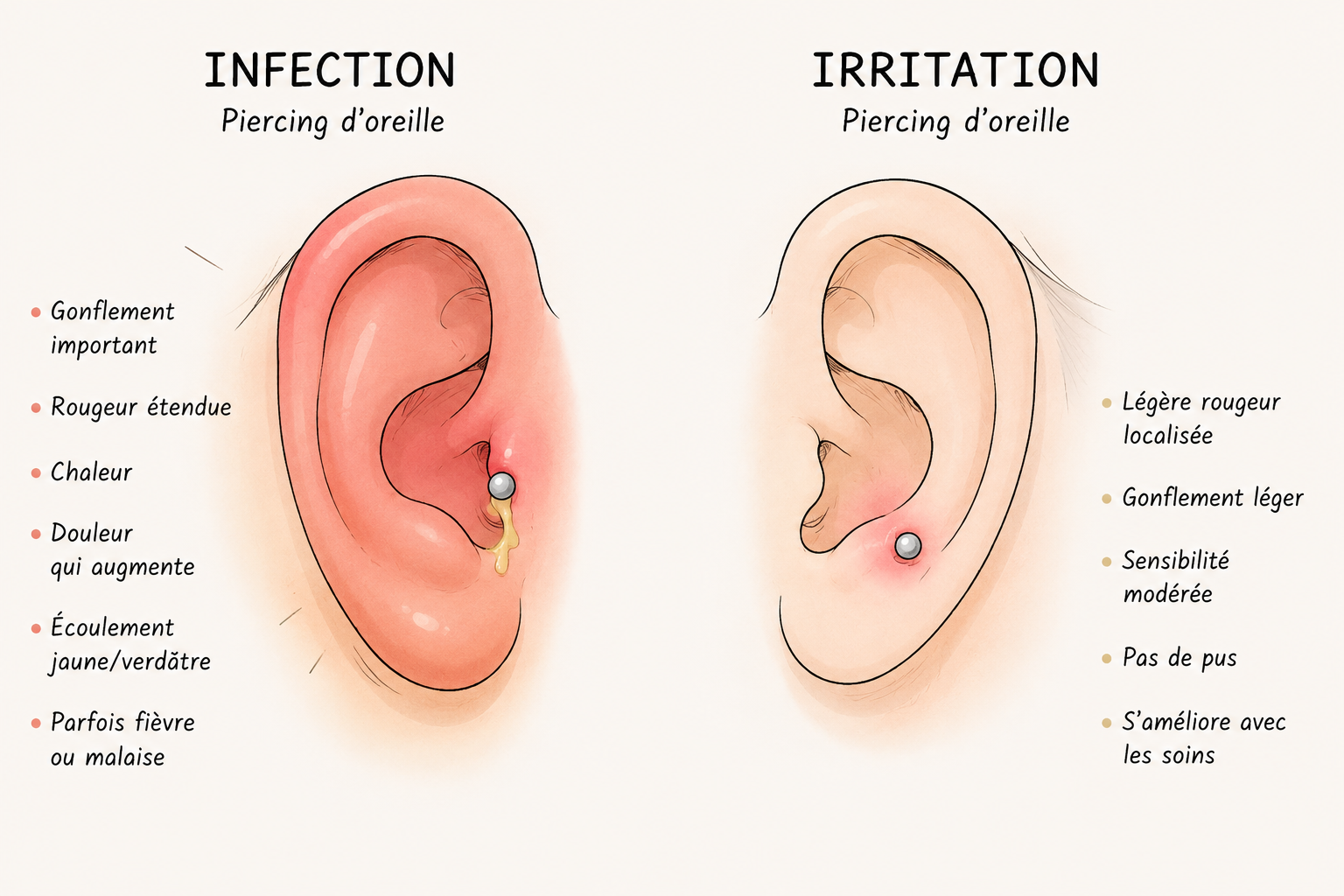 dessin representant la difference entre infection ou simple irritation d'un piercing a l'oreille