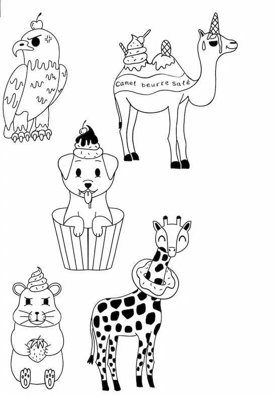 Dessin en noir et blanc de plusieurs animaux avec des éléments de crème glacée et de nourriture, notamment un aigle, un chat dans une coupe, une girafe avec des glaces sur le dos, un hamster avec une fraise, et un cerf avec des cornes en forme de cor