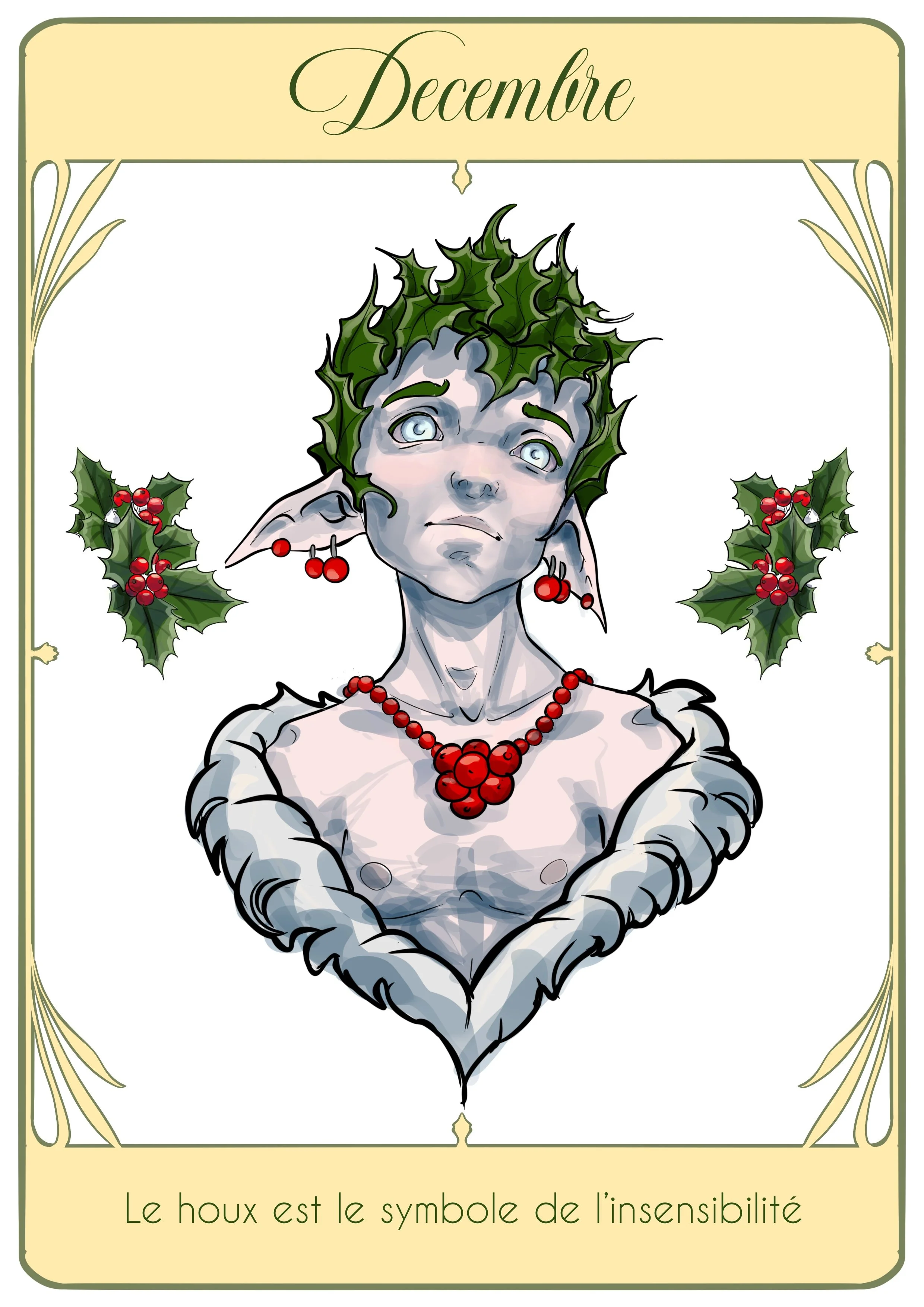 Carte illustrée avec un personnage de dessin animé représentant un lutin ou elf, avec des cheveux et oreilles verts, portant un collier et des boucles d'oreilles rouges, entouré de houx. Texte en haut : 'Décembre'. Texte en bas : 'Le houx est le symb