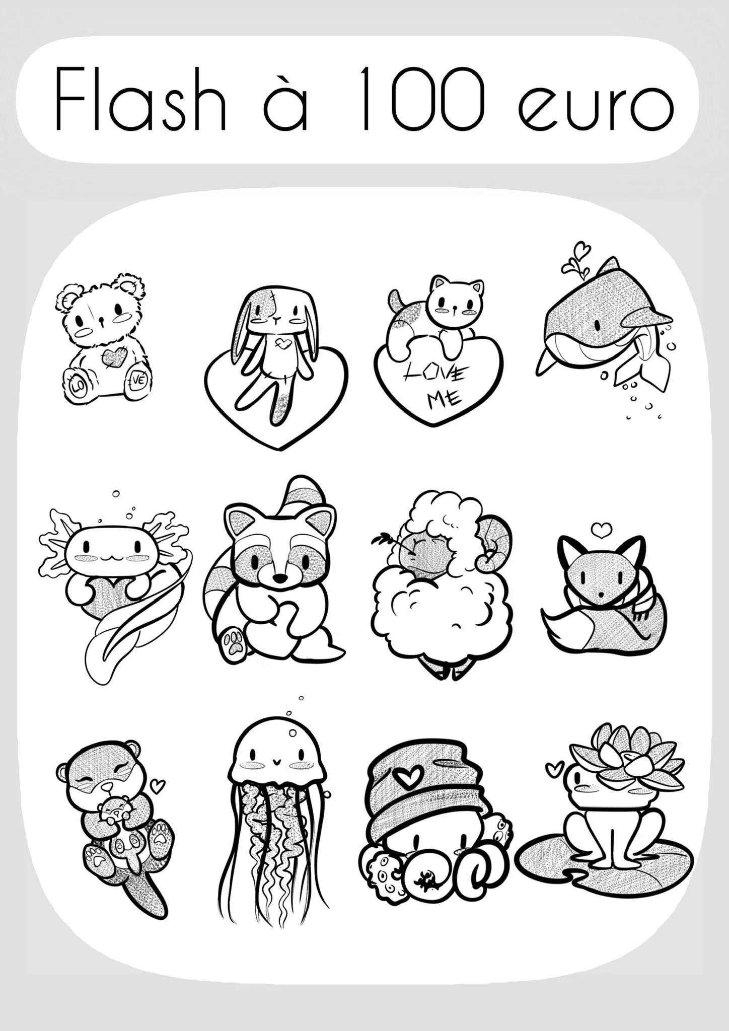 Illustrations en noir et blanc de divers animaux mignons avec des cœurs, y compris un ours, un lapin, un chat, un poisson, un crabe, une loutre, un renard, un mouton, un renardeau, un ours en peluche, une méduse, un crabe, un chaton, un ours câlin, une pieuvre, un bébé en bonnet mousse, et une grenouille avec des fleurs.