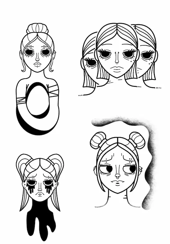 Illustration de cinq visages de styles différents avec des expressions variées, y compris deux avec des tristes et ceux avec des coiffures distinctes, en noir et blanc.