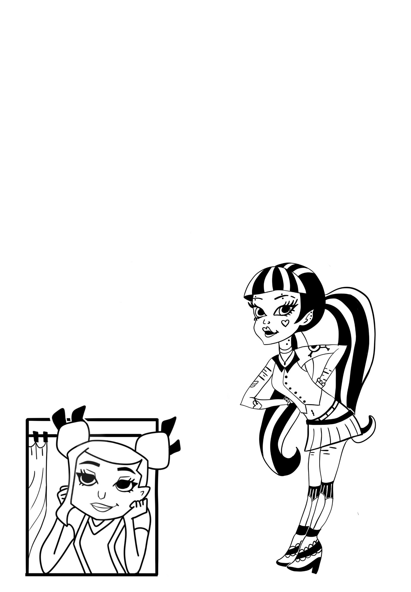 Une illustration en noir et blanc de deux jeunes filles avec un style de dessin animé. La fille à droite a de longs cheveux ondulés avec des rayures noires et blanches, des oreilles pointues, et porte une jupe plissée, un chemisier, des chaussettes r