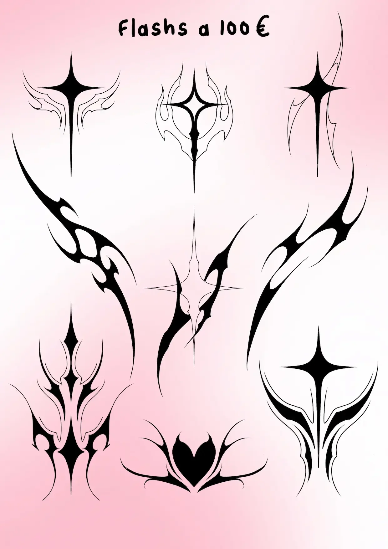 Tatouages noirs en motifs abstraits et tribaux sur un fond dégradé rose et blanc, avec texte 'Flashs à 100 €' en haut.
