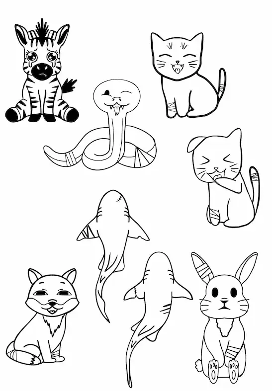 Dessin de plusieurs animaux pour coloriage, incluant un zèbre, un serpent, deux chats, un poisson, un lapin, et un renard