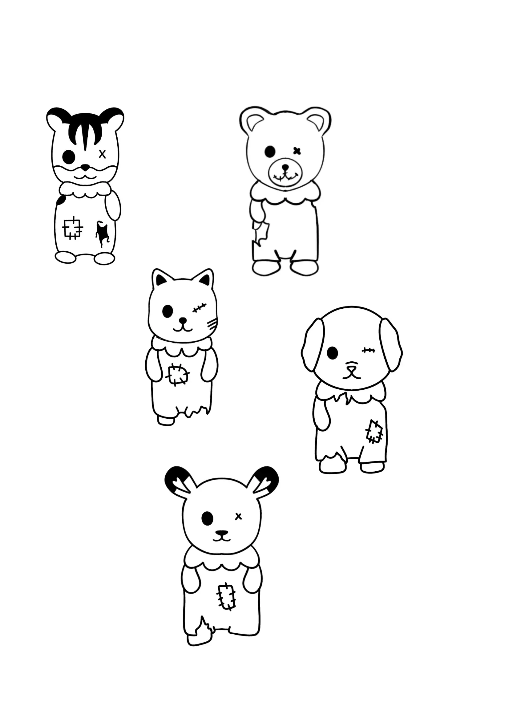 Dessin en noir et blanc de cinq animaux de style mignon, portant des vêtements déchirés et leurs yeux fermés ou bouche souriante, avec un aspect un peu usé ou patché.