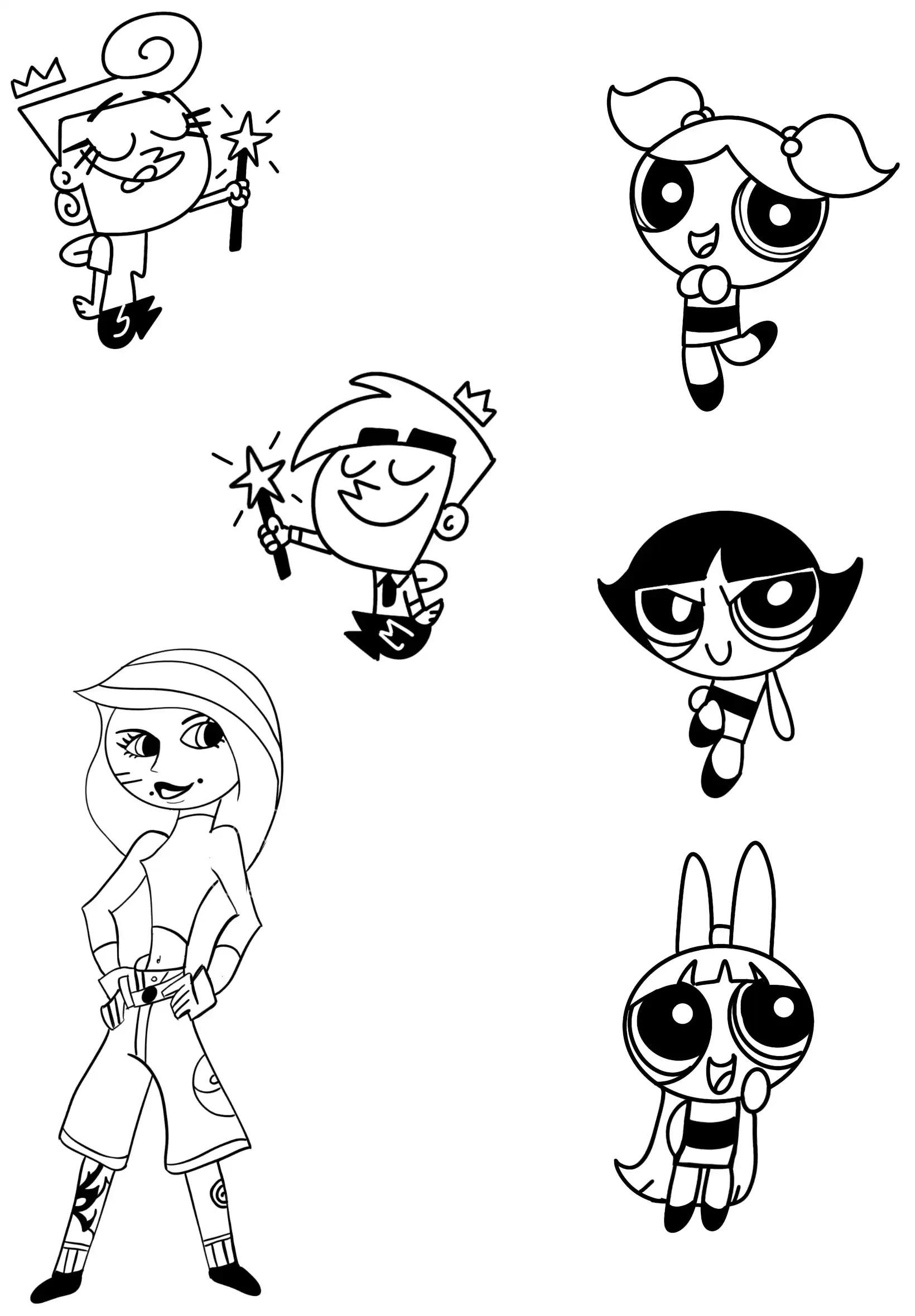 Dessin de six personnages de dessins animés, dont des filles aux grands yeux et un personnage avec des oreilles de lapin.