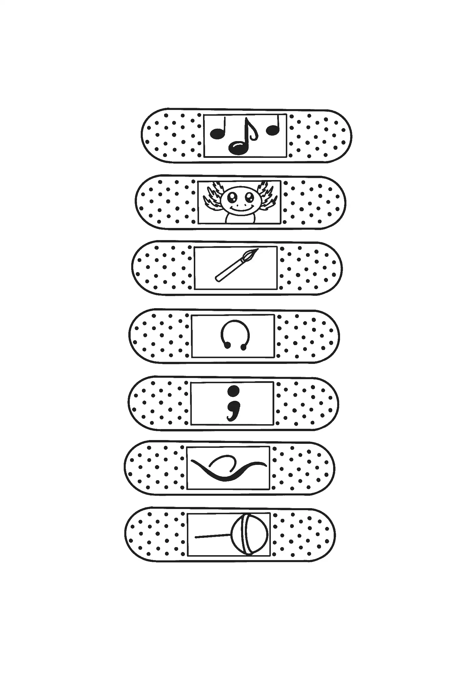 Illustration de sept bandages, chacun avec une image différente : notes de musique, un personnage avec des antennes, un pinceau, un casque audio, une virgule, une vague, et une lampe de lecture.