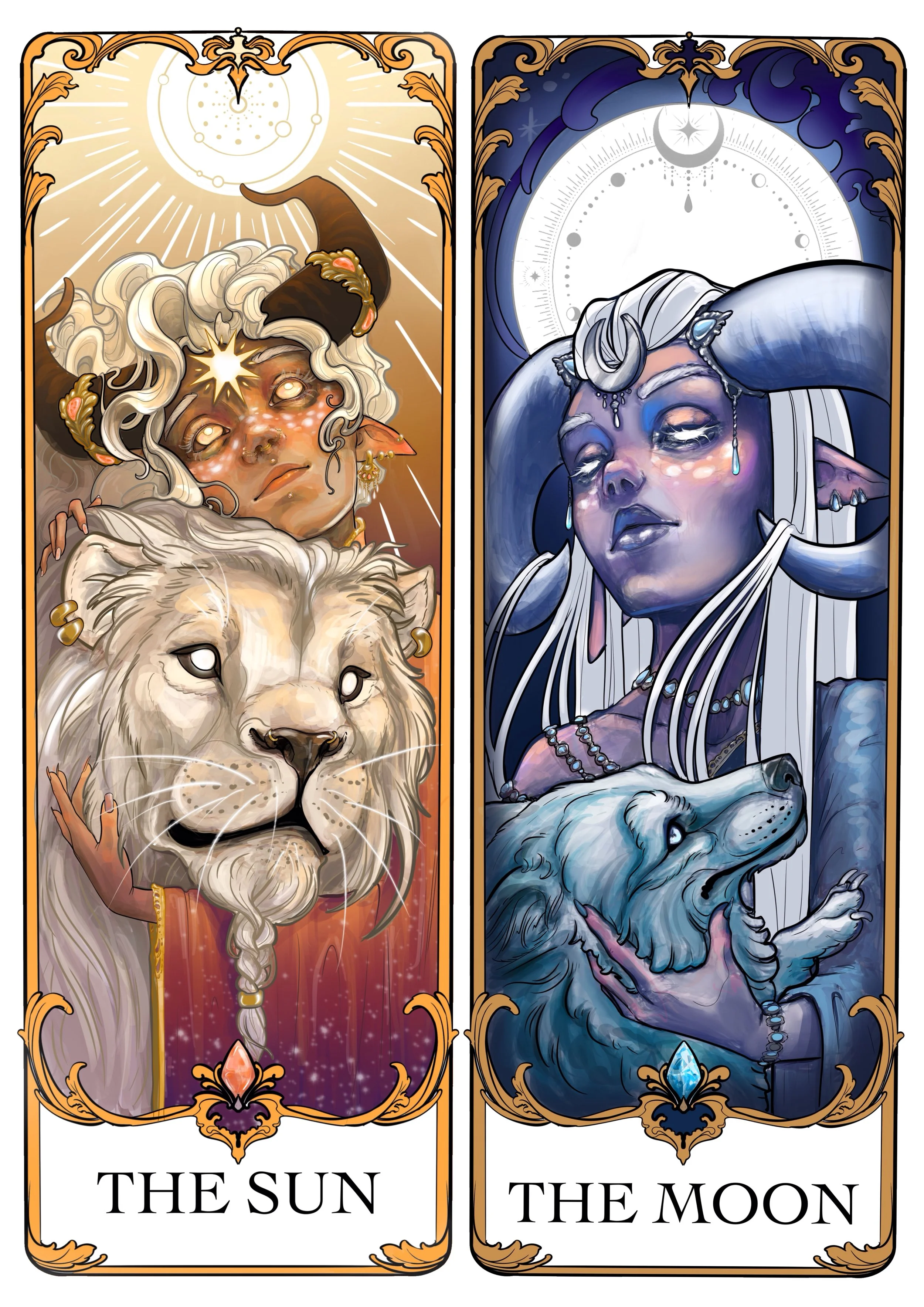 Illustration de deux cartes, à gauche "Le Soleil" avec une figure mythologique et un lion, et à droite "La Lune" avec une figure mystique et un chien, dans un style artistique fantasy.