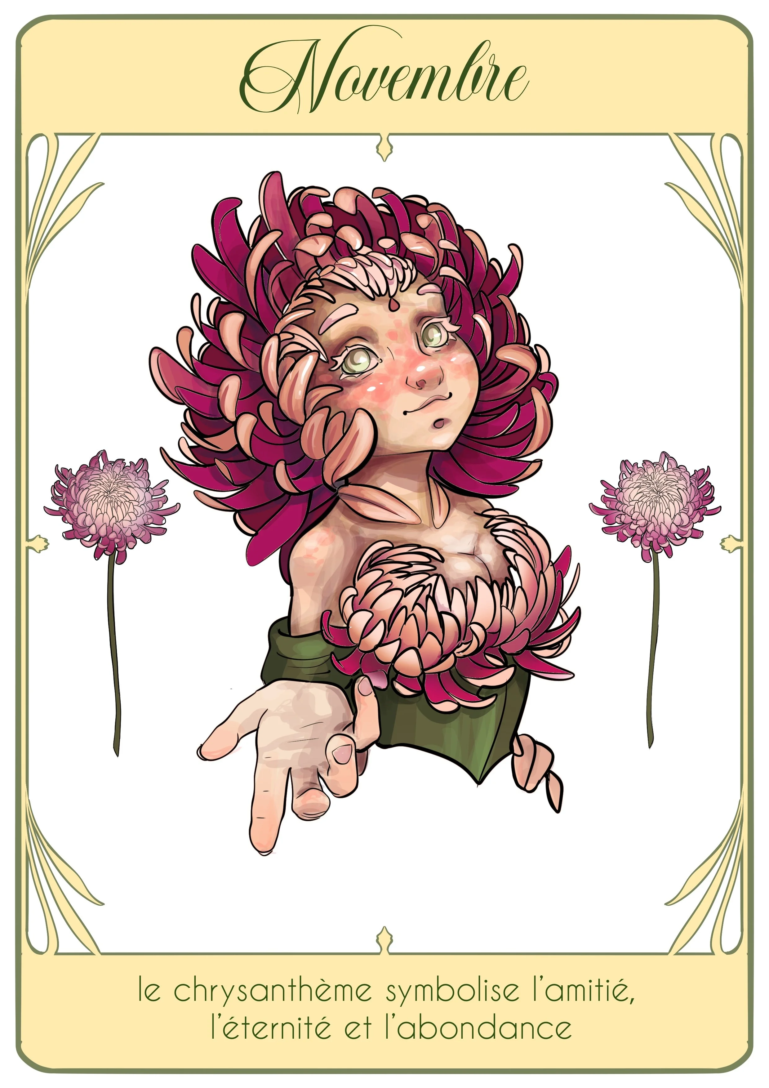 Une illustration d'une jeune fille avec une chevelure composée de fleurs de chrysanthème, symbolisant l'amitié, l'éternité et l'abondance, entourée de deux fleurs de chrysanthème. Le texte indique que c'est le mois de novembre.