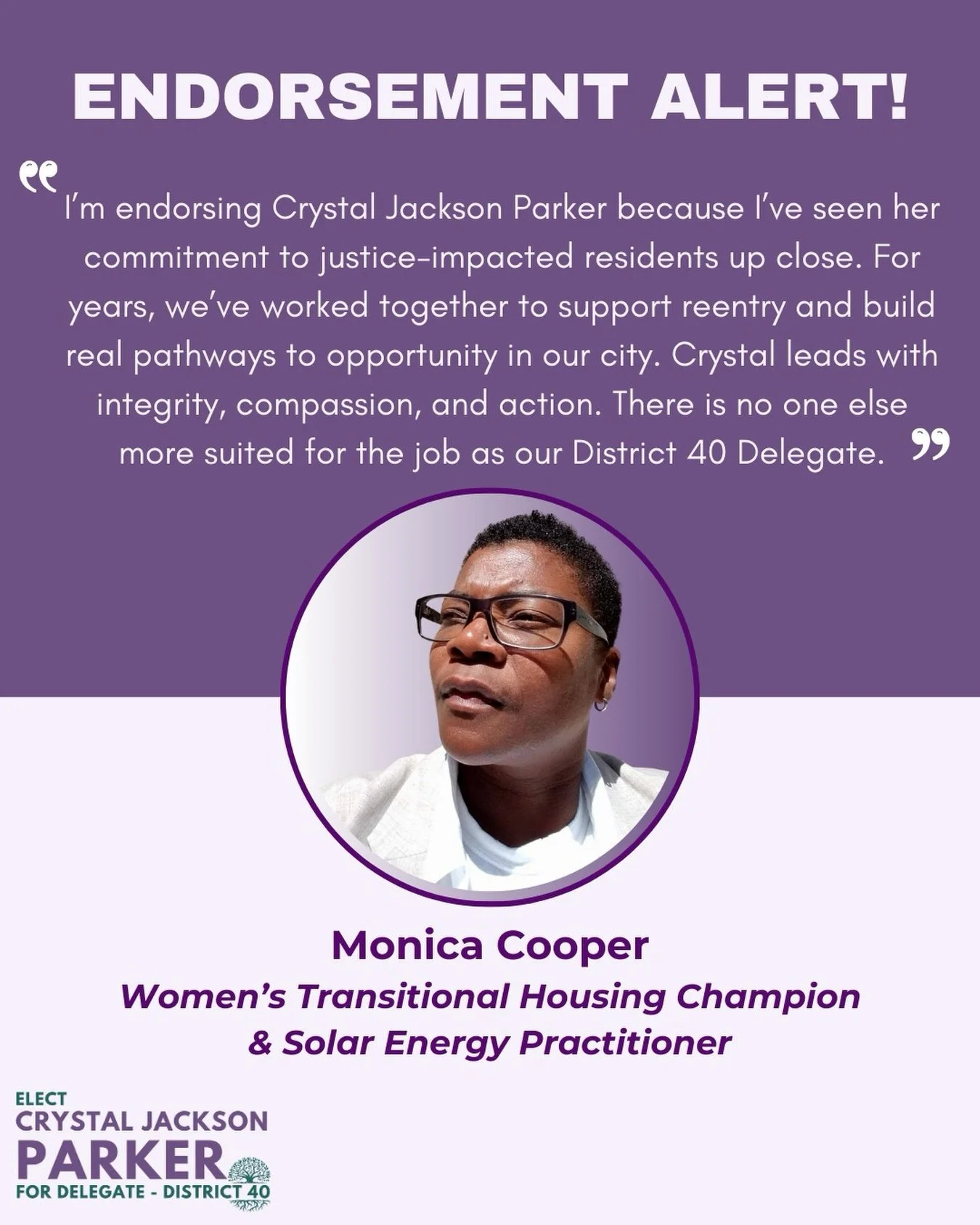 ENDORSEMENT ALERT! 🚨 

I&rsquo;m proud to be endorsed by Monica Cooper: she is a highly respected returning citizen, reentry advocate, author of Maryland&rsquo;s Ban the Box legislation, elected official, and District Community Liaison to the Baltim