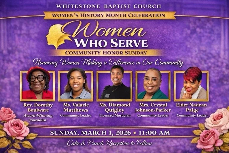 Please join me tomorrow at Whitestone Baptist Church at 3001 Baker St for what will be a beautiful Women&rsquo;s History Month service. I am honored to be recognized as a woman who serves. 🙏🏾💜