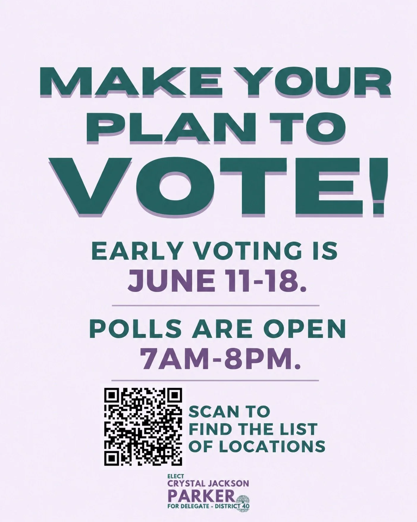 Early voting starts tomorrow! 🗳️ Make your plan to vote June 11&ndash;18 and find the early voting center that works best for you. Polls are open 7am&ndash;8pm every day.

✅ Vote Crystal Jackson Parker for Delegate.

#baltimorecity #mdpolitics #2026