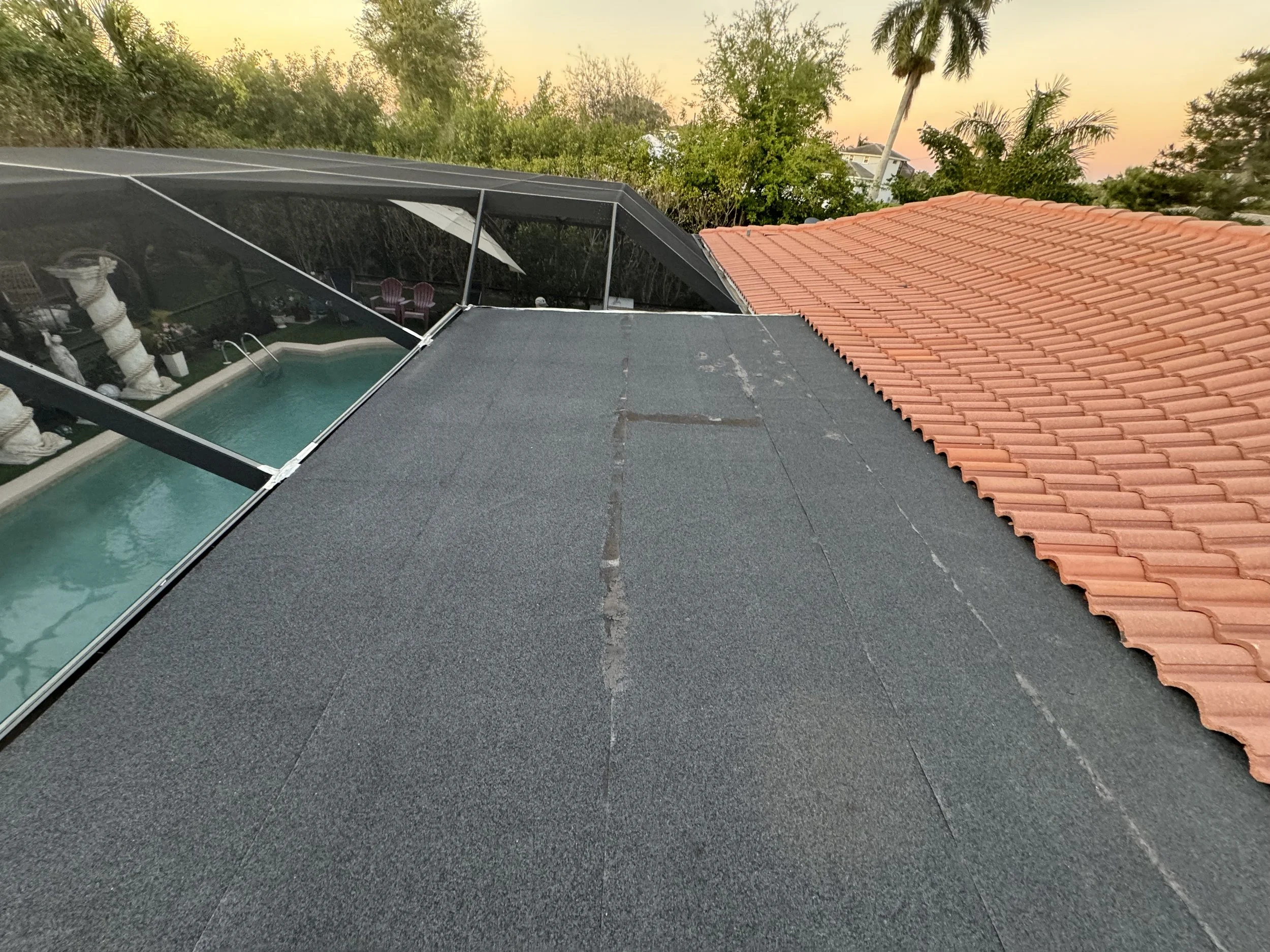 View of rooftops, one with gray asphalt shingles and a red tiled roof, with trees and a sunset sky in the background. A screened-in pool area with pool and outdoor furniture is visible in the background.