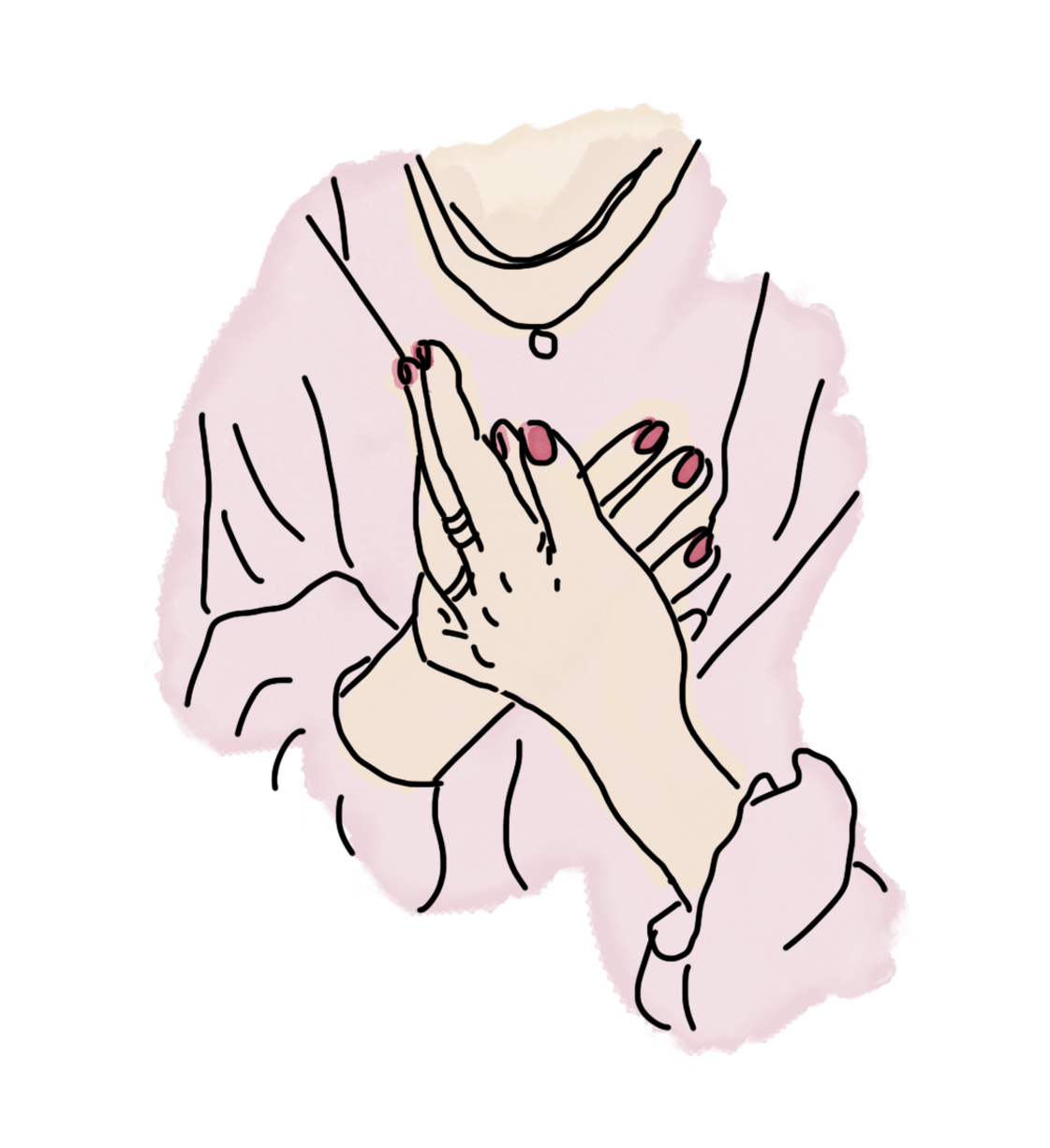 A sketch of two hands clasped over the chest of a person who is wearing a shirt and a necklace.