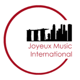 Logo of Joyeux Music International with a black city skyline inside a red circle and pink text