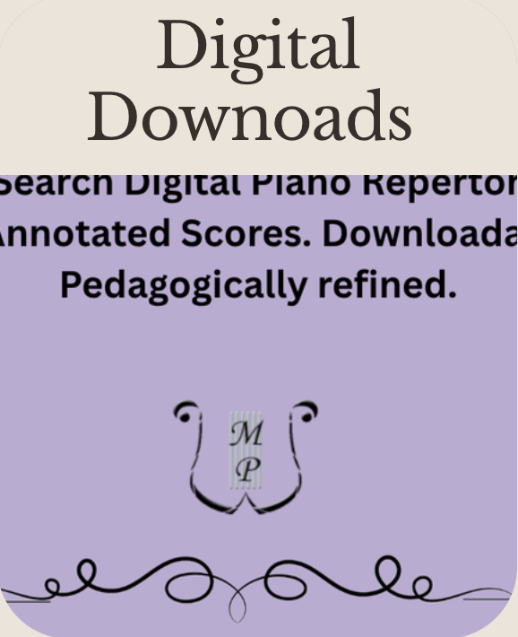 A promotional poster for digital downloads about searching digital piano repertoire with annotated scores, featuring a purple background and decorative black swirl designs.