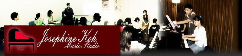 Music class with students practicing piano and a teacher instructing, logo of Josephine Koh Music Studio.
