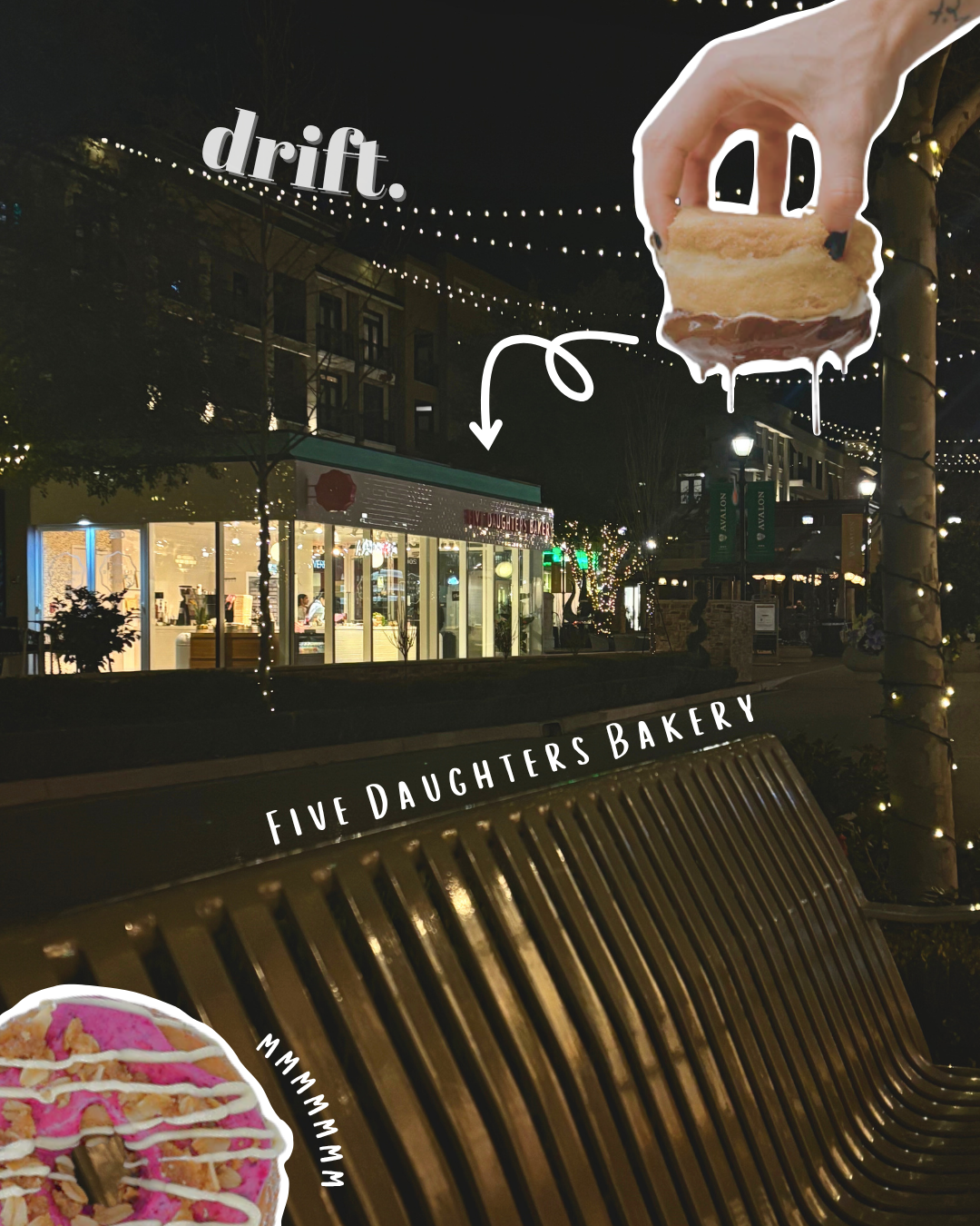 Nighttime scene at Five Daughters Bakery with decorative string lights, a bench, and images of a slice of cake and a donut with icing and toppings.