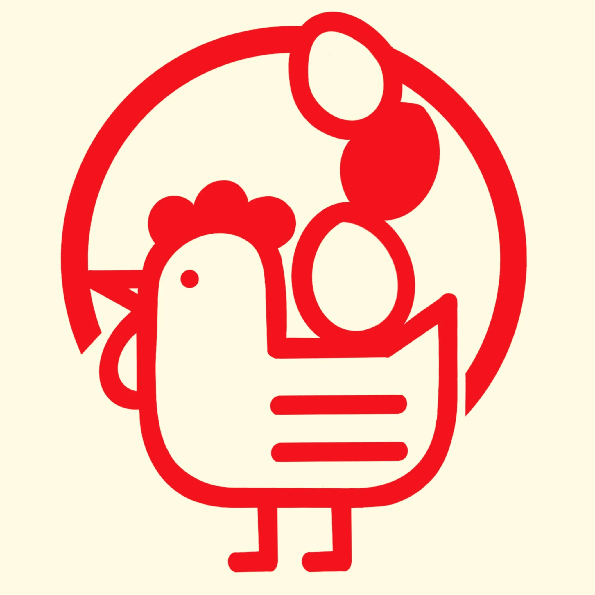 Simple red line drawing of a chicken with three eggs balancing on its back with a rising sun in the background