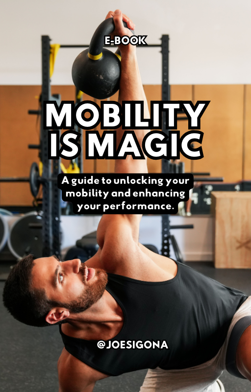 Man doing a kettlebell exercise in a gym with text overlay about mobility and performance.