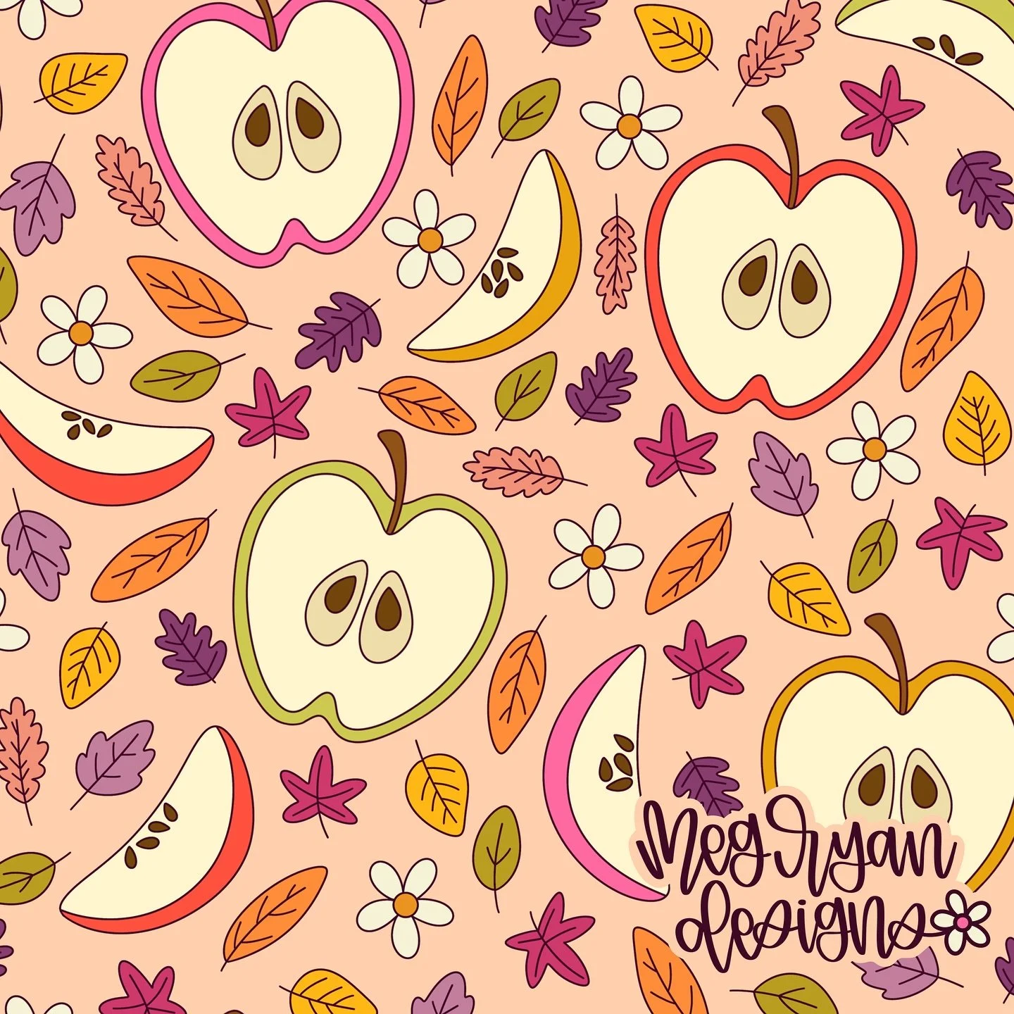 Apples and daisies and crunchy leaves oh my 🍎🍂✨
I&rsquo;m fully leaning into cozy fall vibes with this one and it makes me want apple cider ASAP. Who else is ready for sweaters, leaves, and everything autumn? 🍁

#applerepeatpattern #fallpattern #a