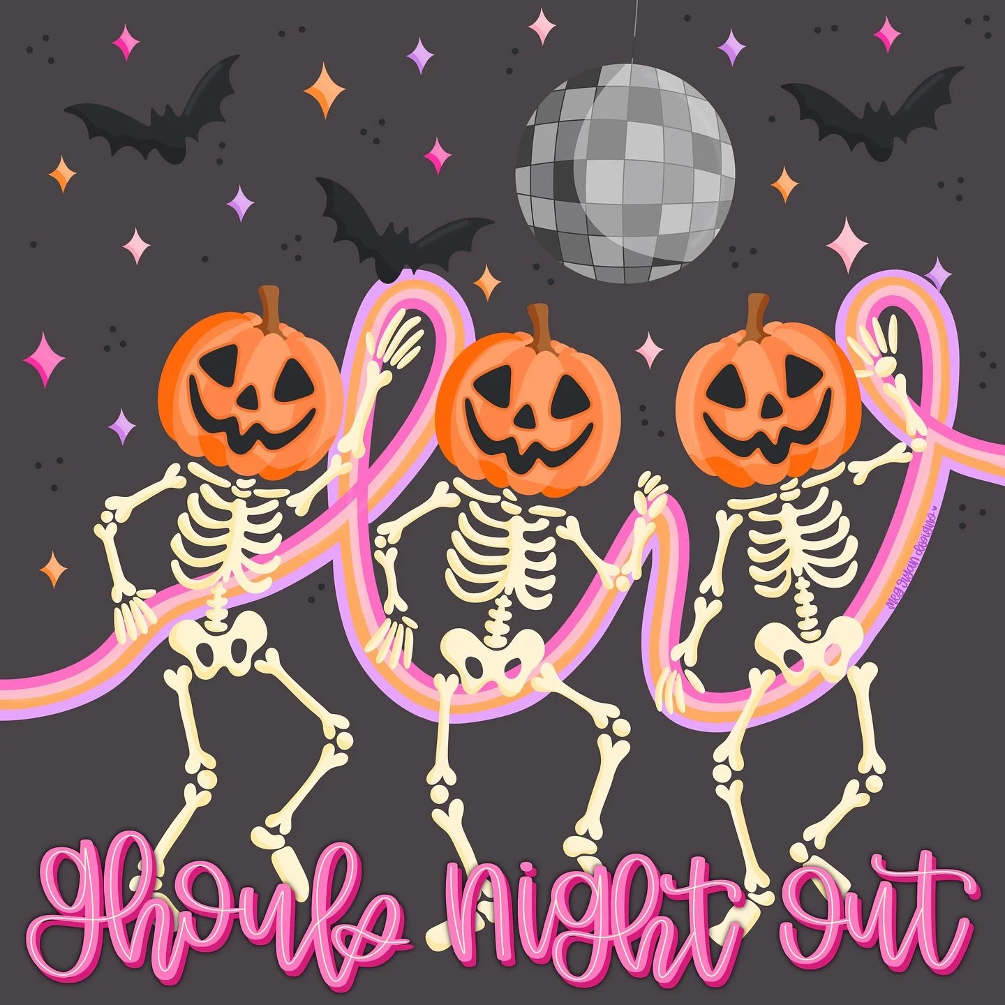 Just some pumpkin-headed party girls living their best spooky season 🪩✨

#galoweenartchallenge2025 
Prompt : Ghouls Night Out and Skeleton Sisters 

HOSTS: 
@chanellkristen 
@daniellechandlerdesign 
@lack.studio 
@lisabarlowillustrates 
@lizharrydes