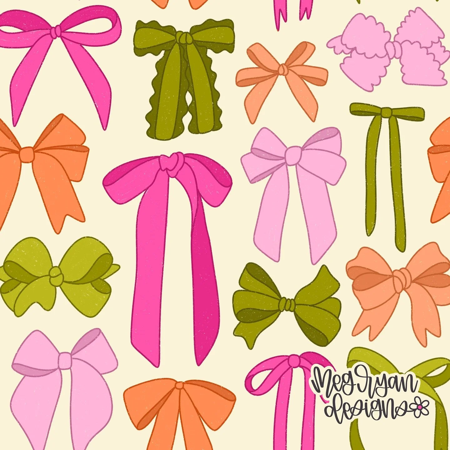 Sneak peek of a new collection I&rsquo;m working on and of course there are bows. Every collection of mine somehow ends up with bows in it 😂 Any guesses what this theme might be based on these colors? 👀🎀

Art Licensing | Surface Pattern Design | W