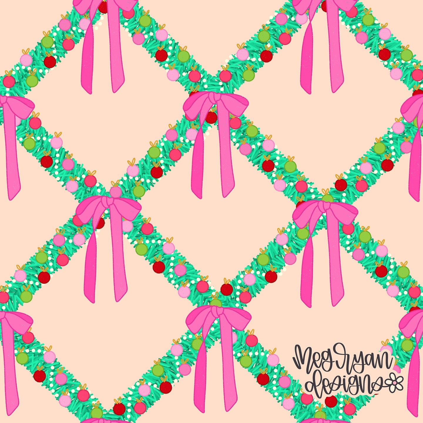 Some lattice garland for the holidays and of course the pink one ended up being my favorite. I tried some other colors, which ones your fav?

Bright holiday pattern, girly Christmas art, hand drawn garland, pink bow pattern, cute ornament details, fe
