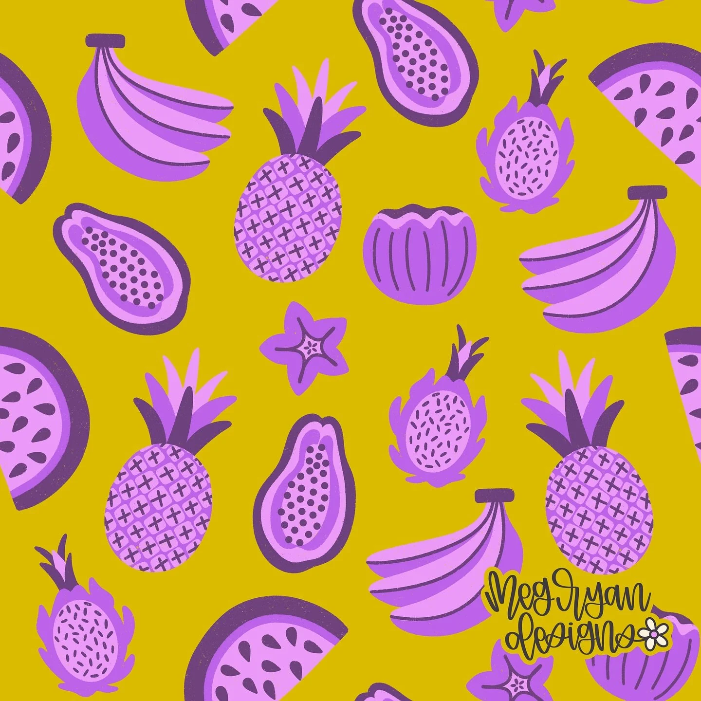 Another piece of my tropical jungle collection, Tropical Fruit 🥥🍍🍊🍉🌴💜
So many different fun color options for this but the first one was my fav (also so hard to not have outlines on this one) 

tropical fruit | purple fruit | banana illustratio