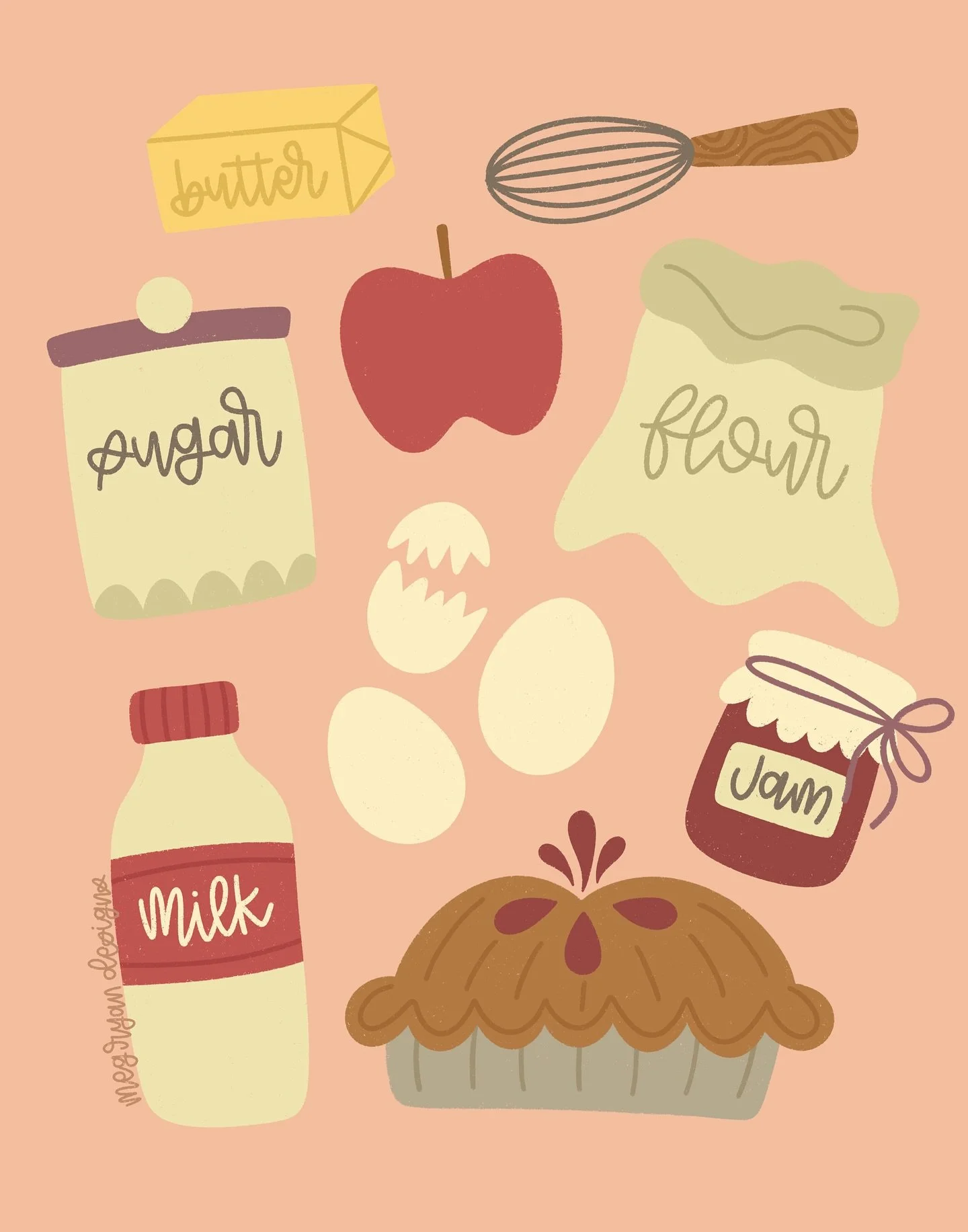 Some illustrations from my fall "Homemade Happiness" Collection. Placement pieces have been a goal of mine this year, still harder for me than patterns but making progress I think 😊 

apple pie illustration | cozy baking art | autumn kitch