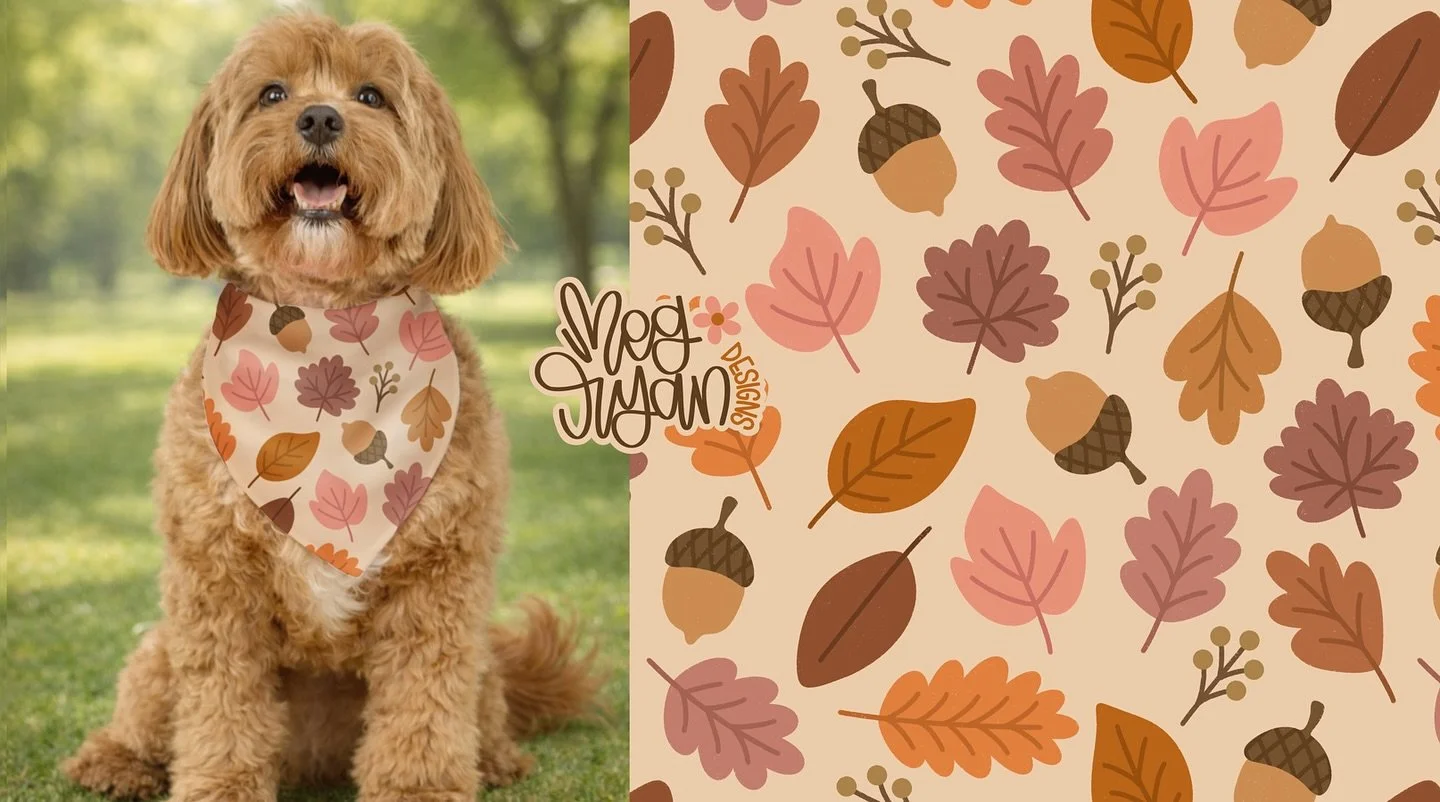 My submission for @creative_studio_collective x @dappledogdesigns art call 🍂🍁

fall dog bandana | autumn pattern | hand drawn leaves | acorn print | cozy autumn vibes | pet accessory design | dog bandana pattern | warm tones | earthy colors | whims