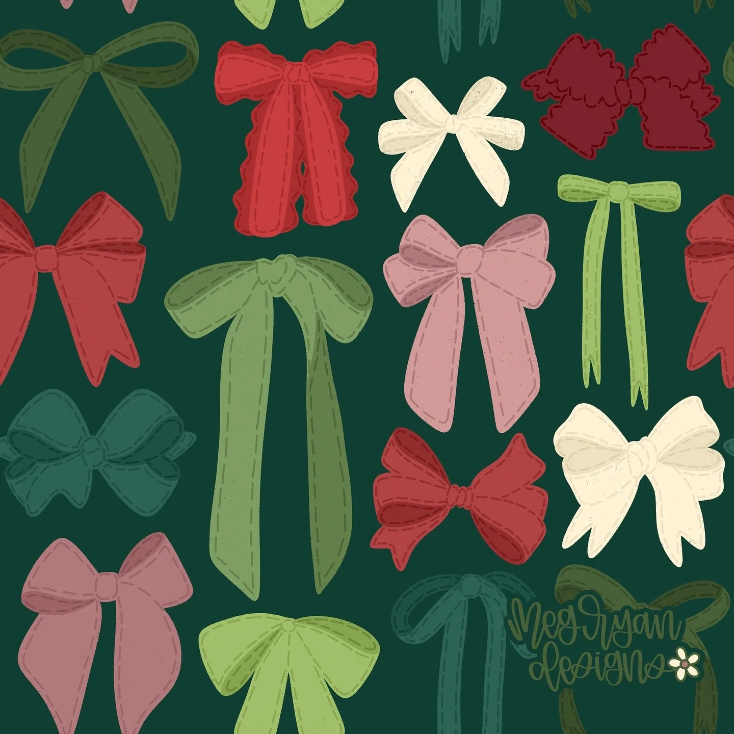 It's been a long time since I made a bow pattern 🎀🎄

Also, too soon for Christmas??

Christmas bows | holiday bows | bow pattern | coquette Christmas | festive fabric | Christmas wallpaper | stitched bows | hand drawn pattern | pink Christmas decor