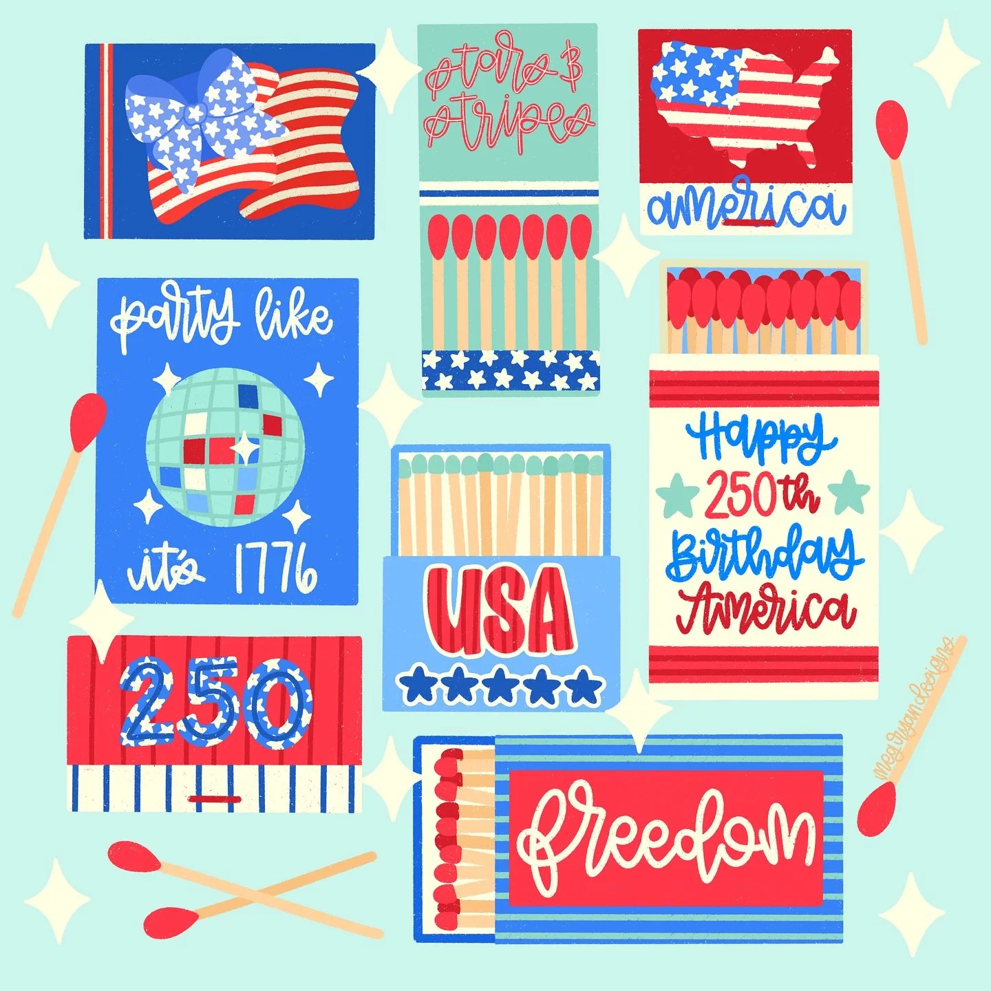Happy 250 Birthday America 🇺🇸&hearts;️

Swipe to see the original illustration, vs the updated version for Americas Birthday 💙

patriotic | americana | red white blue | aqua | matchbook | matches | stars | stripes | freedom | party | celebration |