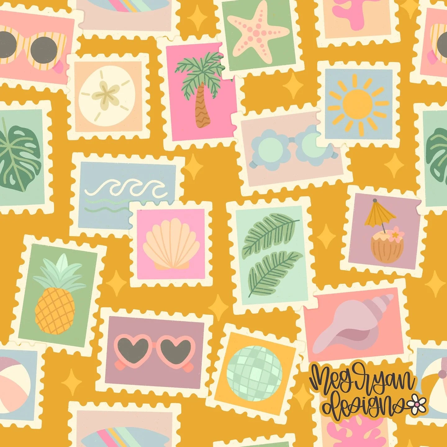 I need some beach time ASAP ☀️🌴 especially while creating this collection 😅
 @arthustleinsider 

Meg Ryan Designs | travel pattern | postage stamps | vacation print | beach pattern | retro resort | tropical icons | summer artwork | colorful pattern