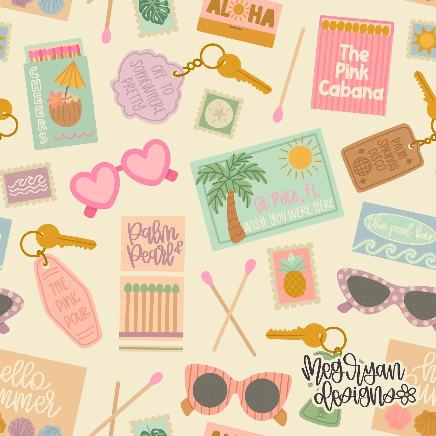 🌴🩷🐚🌊

@arthustleinsider 

Meg Ryan Designs | vacation pattern | travel pattern | retro resort | beach vacation | tropical getaway | matchbook art | resort keychains | vintage postcards | heart sunglasses | palm trees | summer travel | coastal sty