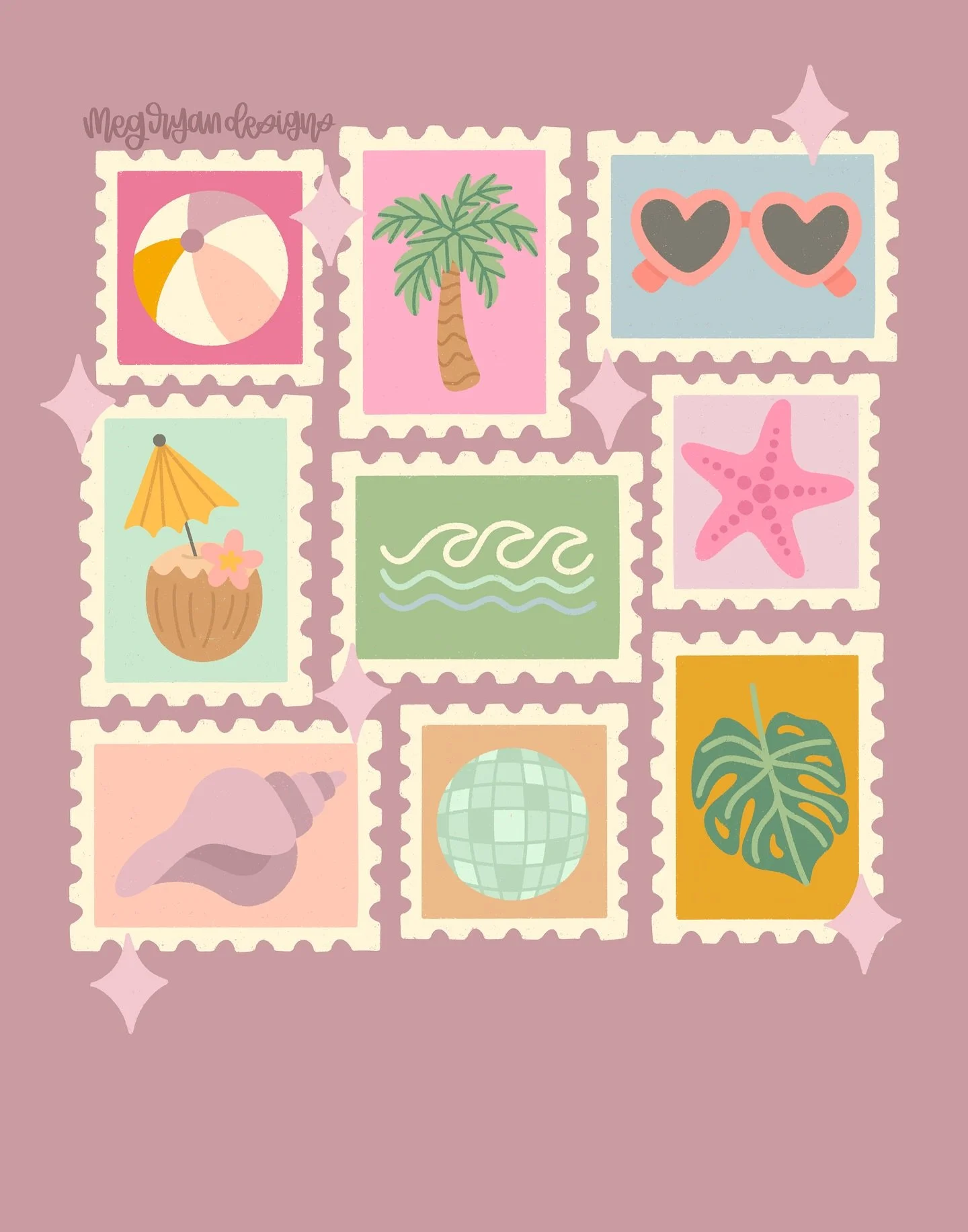 Can't decide which ones my favorite. Bittersweet to wrap up this collection, it's one of my favorites 🩷✨🍍

Meg Ryan Designs | tropical postage stamps | vacation pattern | summer travel | beach icons | seashell sunglasses | heart sunglasses | flower