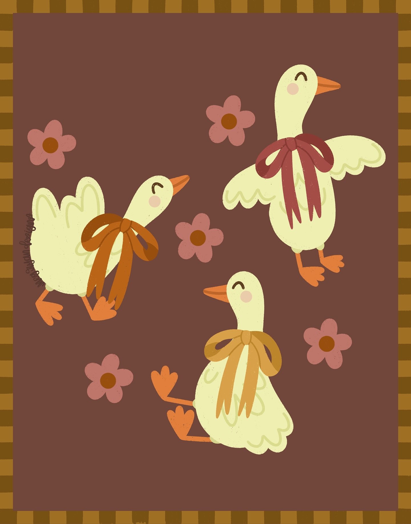 Just some silly geese ready for fall 🍁🍂💛

Meg Ryan Designs | hand drawn | whimsical geese | bow details | fall illustration | autumn palette | cozy colors | folk art | playful | charming | warm brown | mustard | burgundy | rust | floral | flowers 