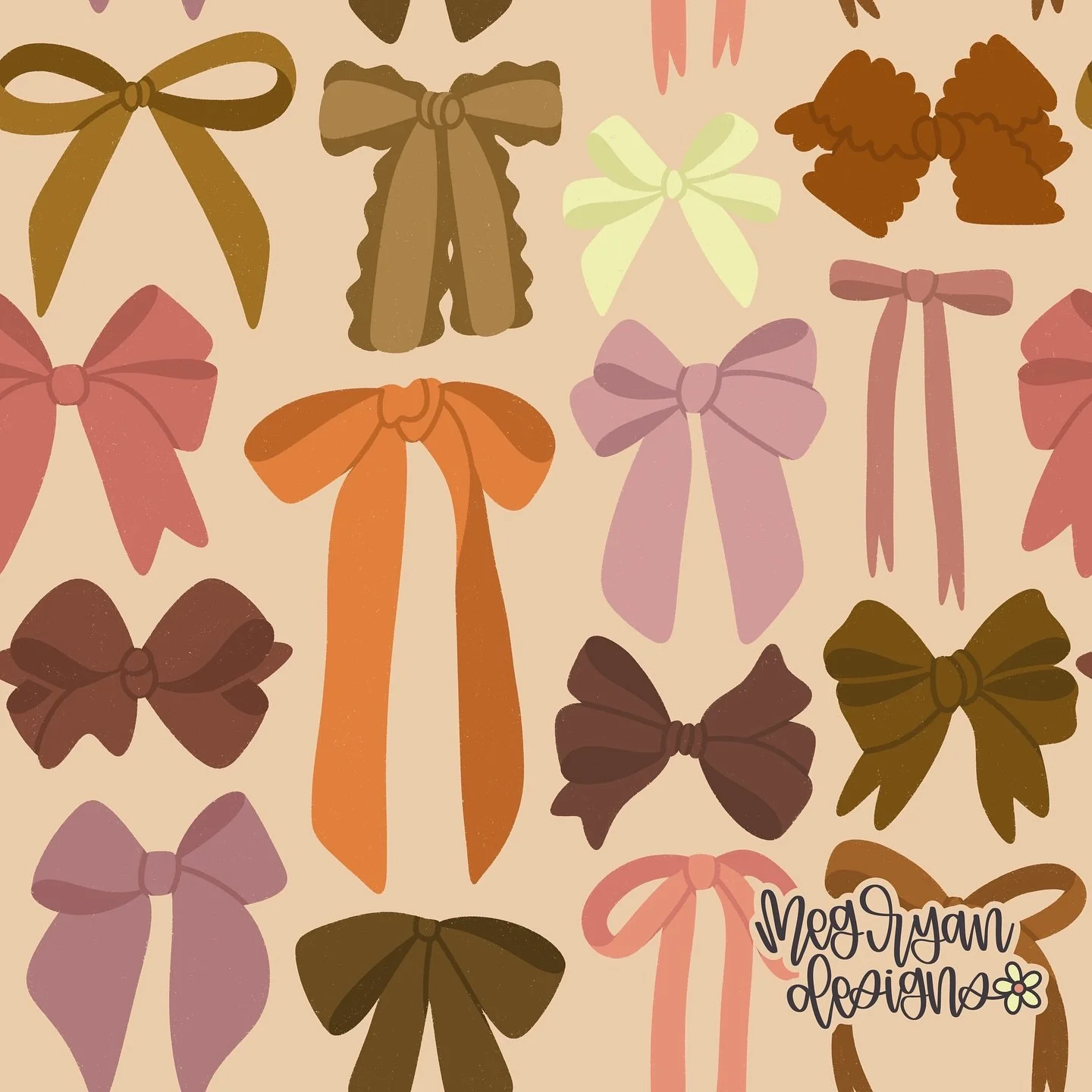 It's been a really long time since I posted a bows pattern🎀🧡

Meg Ryan Designs | bows | hand drawn | whimsical | feminine | girly | playful | earthy | retro | warm | colorful | trendy | ribbon | coquette | fall | autumn | brown | orange | pink | ma