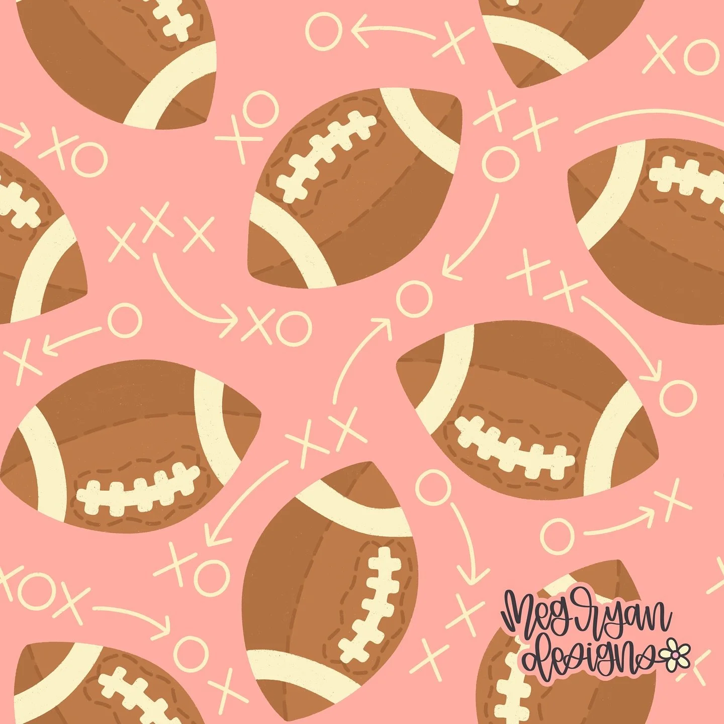 Football can be pink too, right? 😅
Working on my collection for @arthustleinsider and super excited because this has been on my list of want tos. 

Meg Ryan Designs | football pattern | game day | hand drawn | playful | whimsical | sporty | football